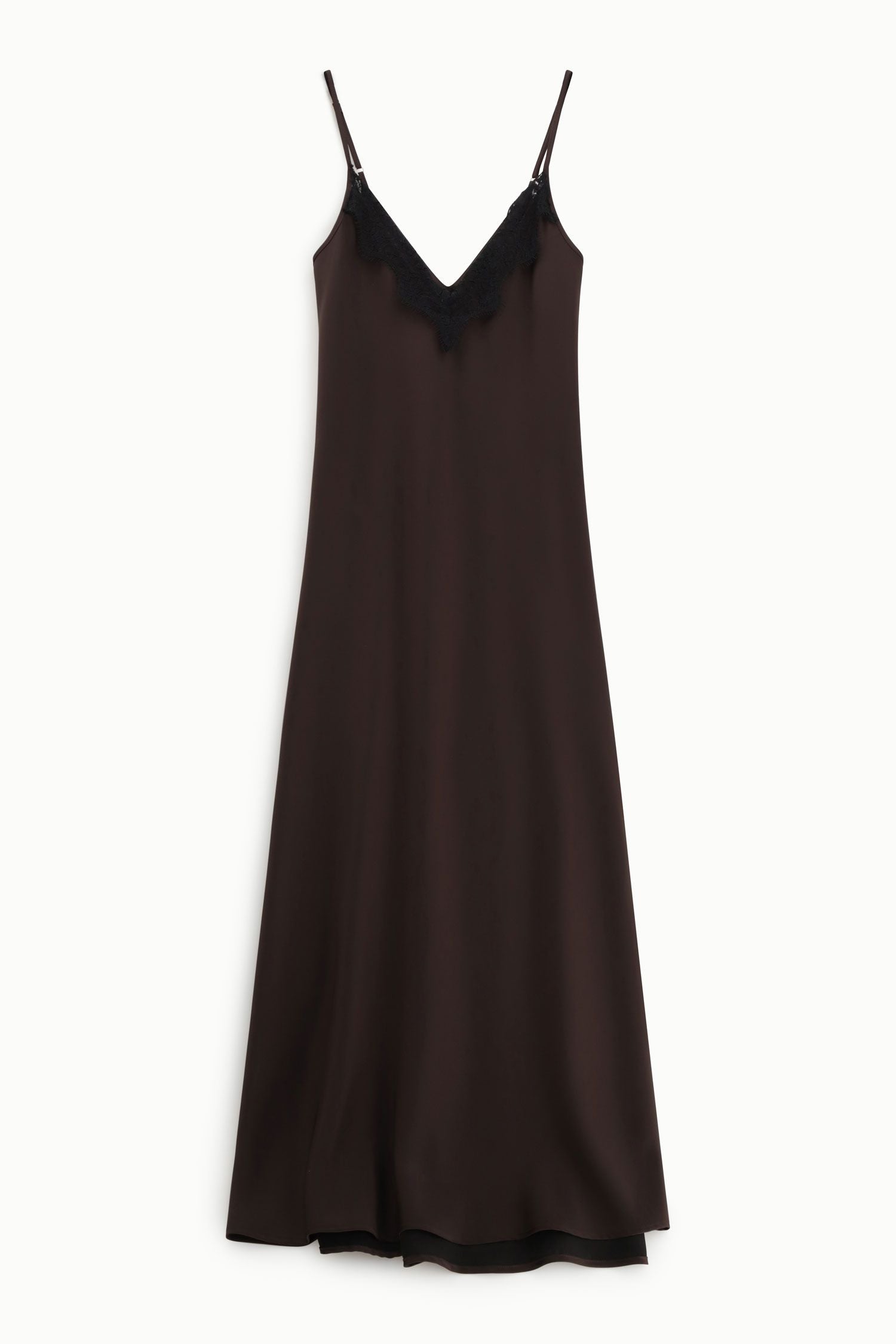 Italian Collection Dress Long Dress with Straps and Lace V-Neckline in Chocolate Brown