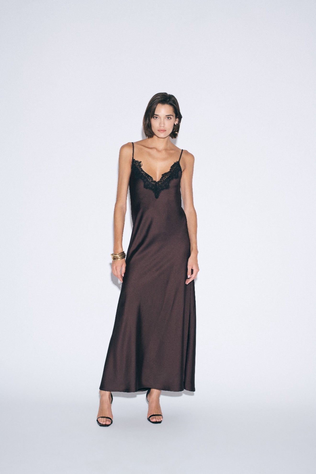 Italian Collection Dress Long Dress with Straps and Lace V-Neckline in Chocolate Brown