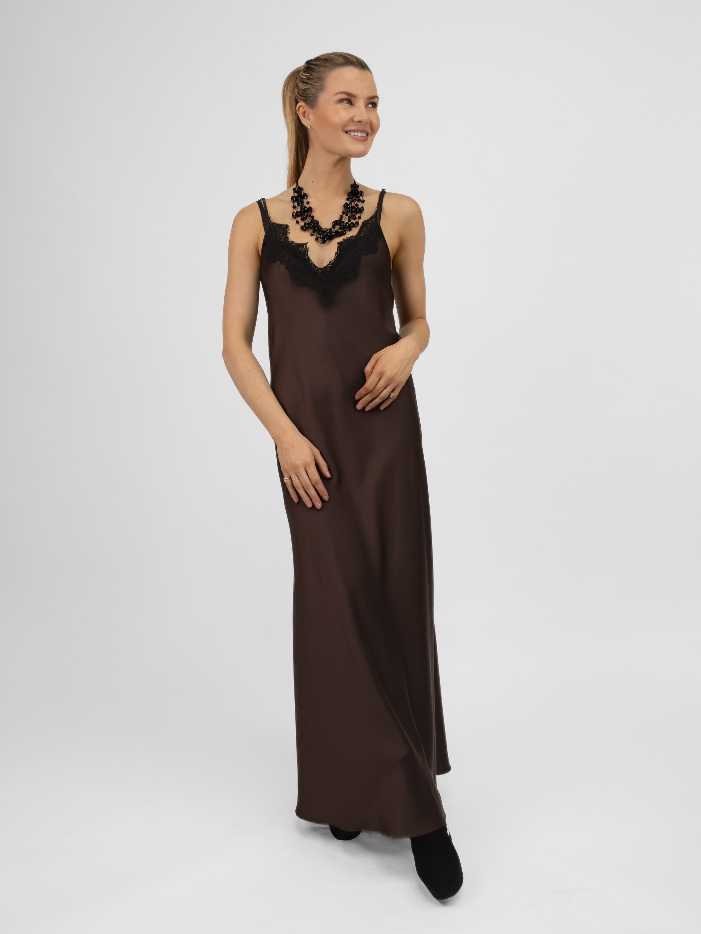 Italian Collection Dress Long Dress with Straps and Lace V-Neckline in Chocolate Brown