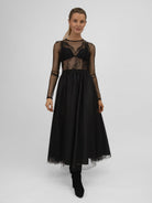 Italian Collection Dress Tulle Dress with Long Sleeves and Embroidered Bodice