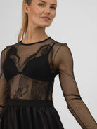 Italian Collection Dress Tulle Dress with Long Sleeves and Embroidered Bodice