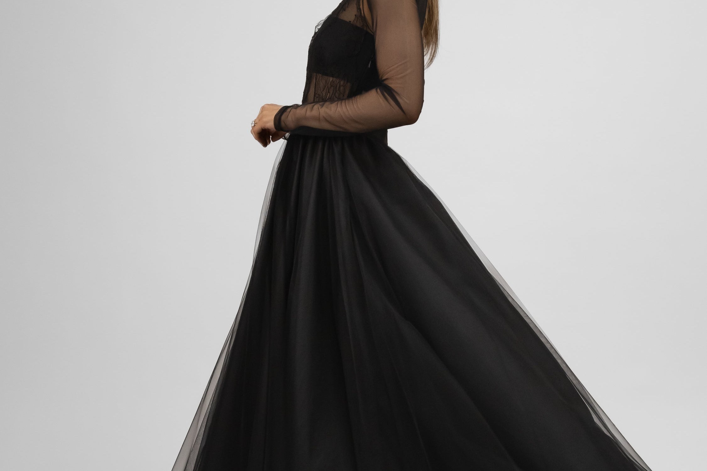 Italian Collection Dress Tulle Dress with Long Sleeves and Embroidered Bodice