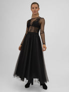 Italian Collection Dress Tulle Dress with Long Sleeves and Embroidered Bodice