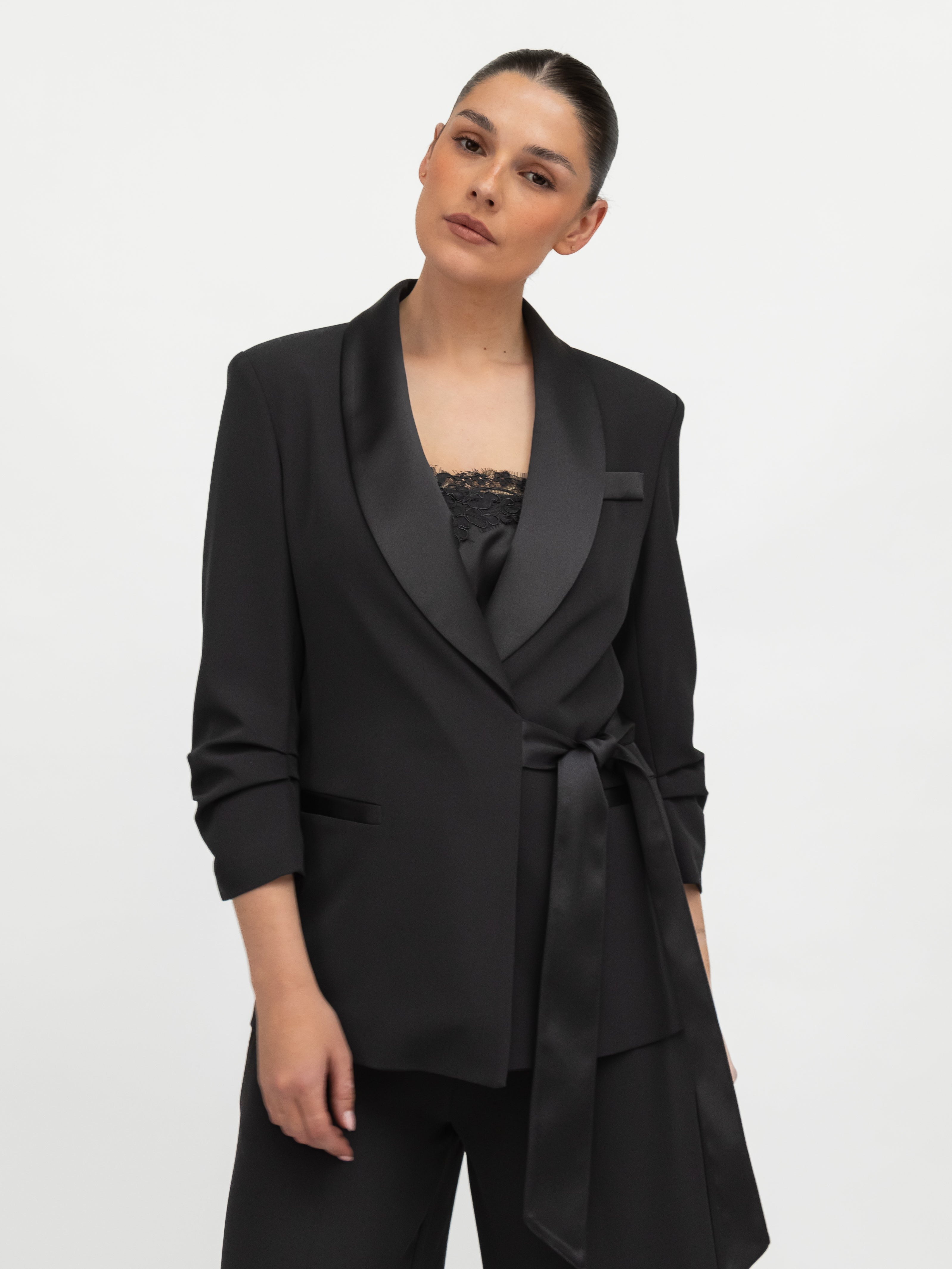 Italian Collection Jacket Blazer with side closure and satin-effect lapel in Black