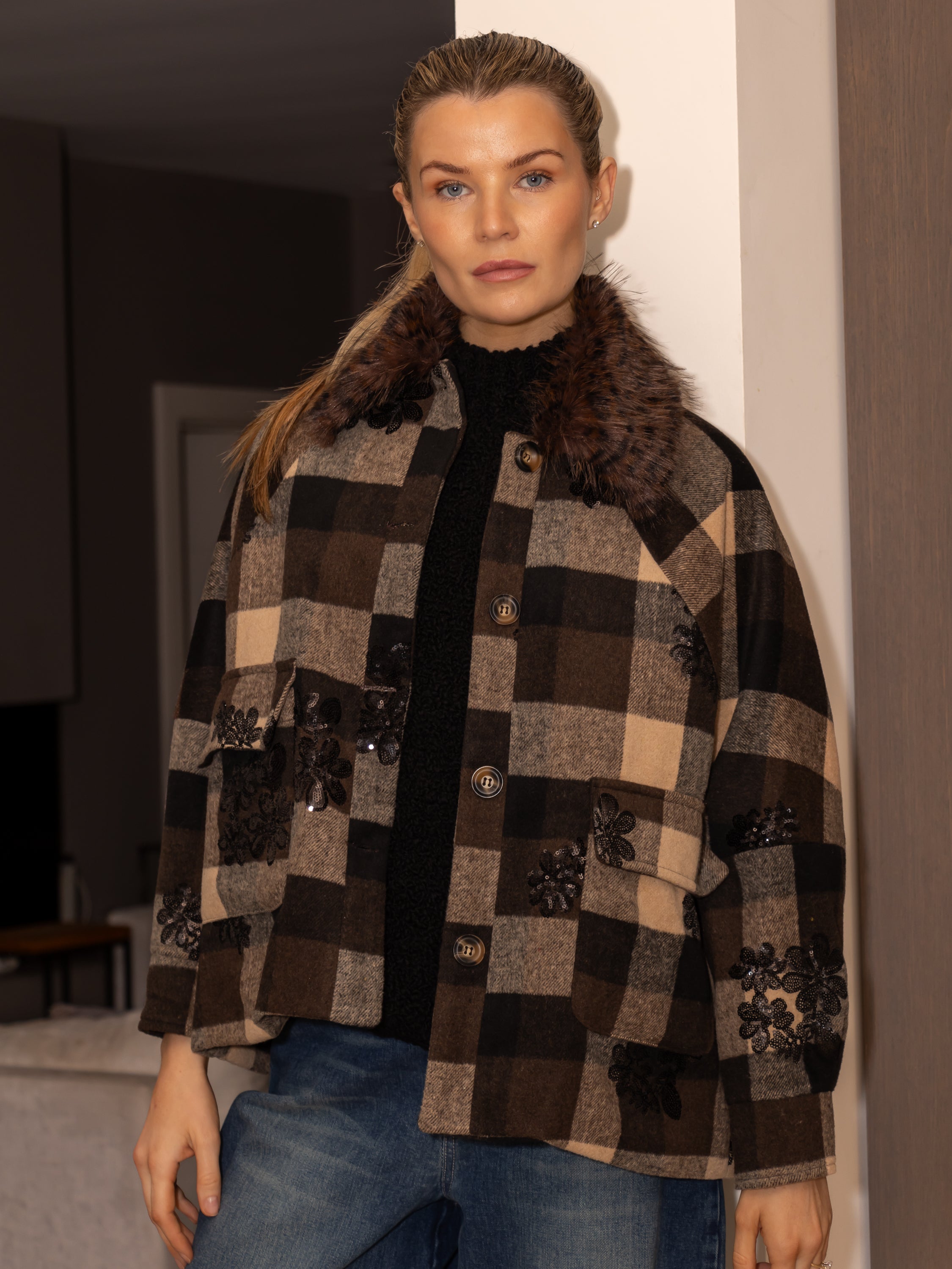 Italian Collection Jacket Cecile Check Jacket with Faux Fur Collar