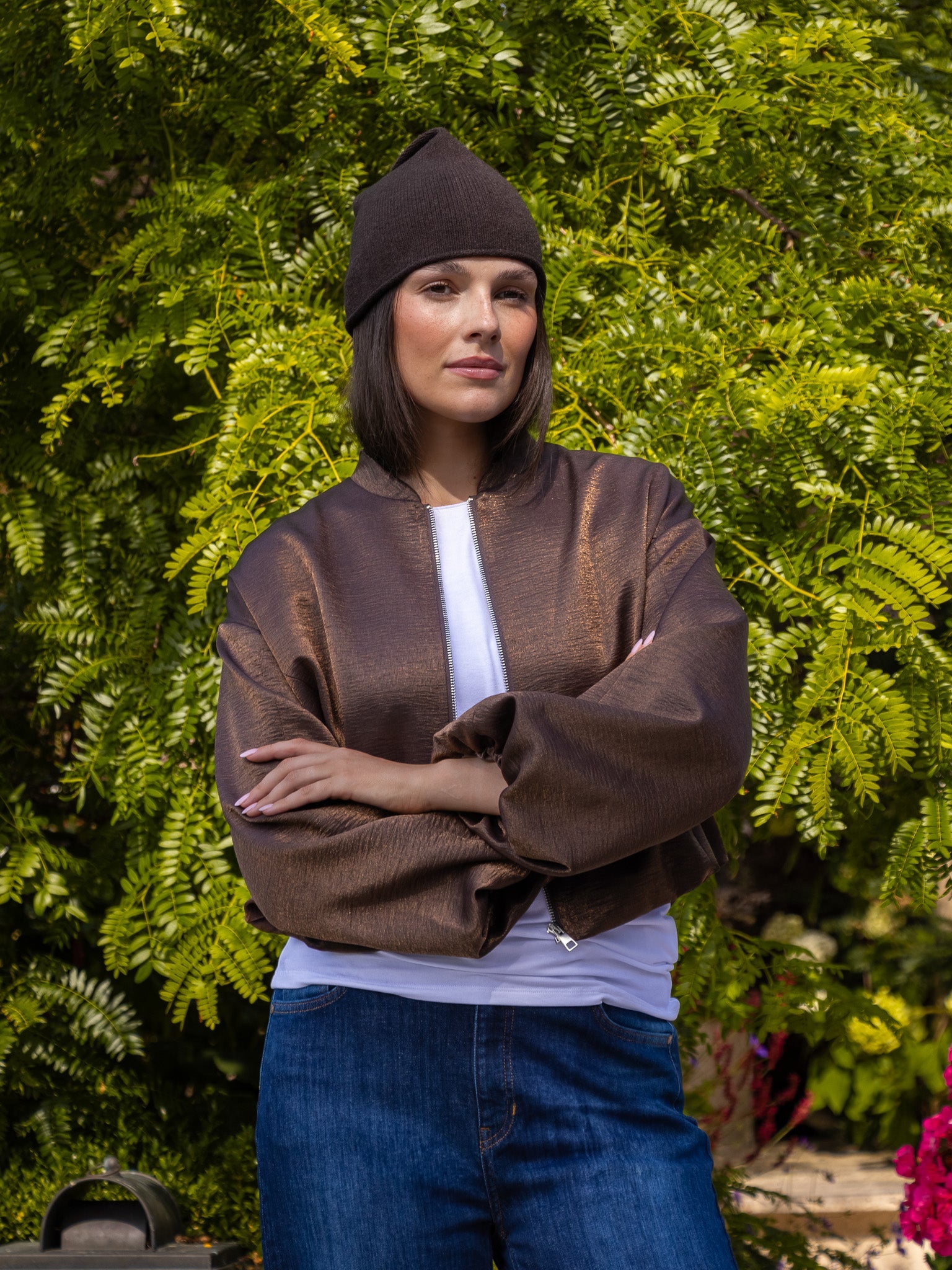 Italian Collection Jacket Cloud Crop Bomber Jacket in Chocolate Brown