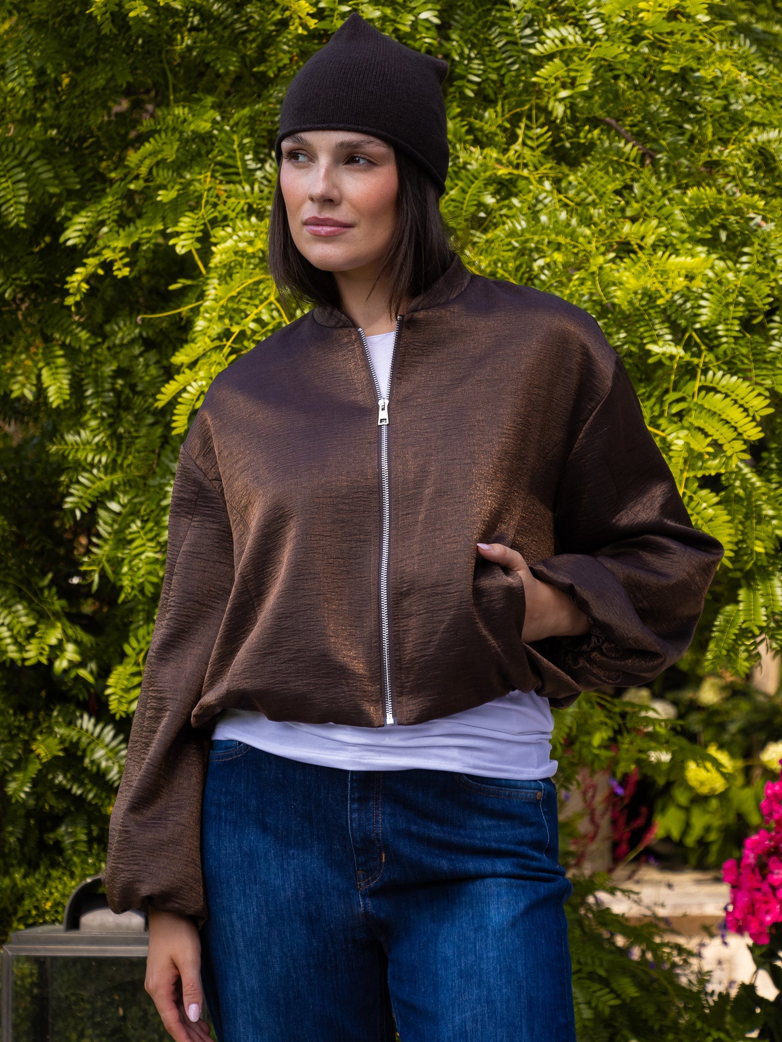 Italian Collection Jacket Cloud Crop Bomber Jacket in Chocolate Brown
