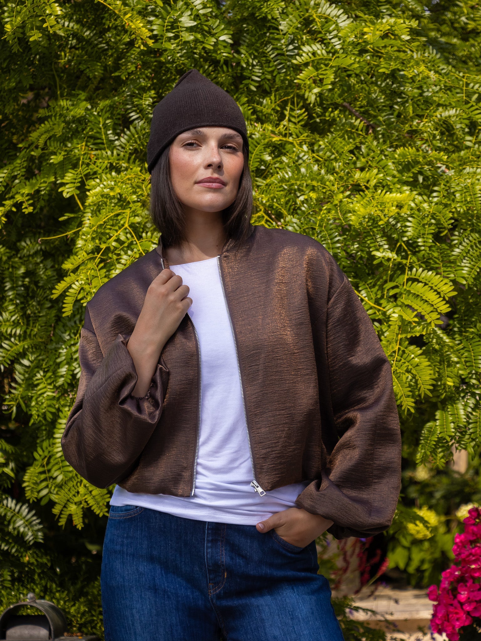 Italian Collection Jacket Cloud Crop Bomber Jacket in Chocolate Brown
