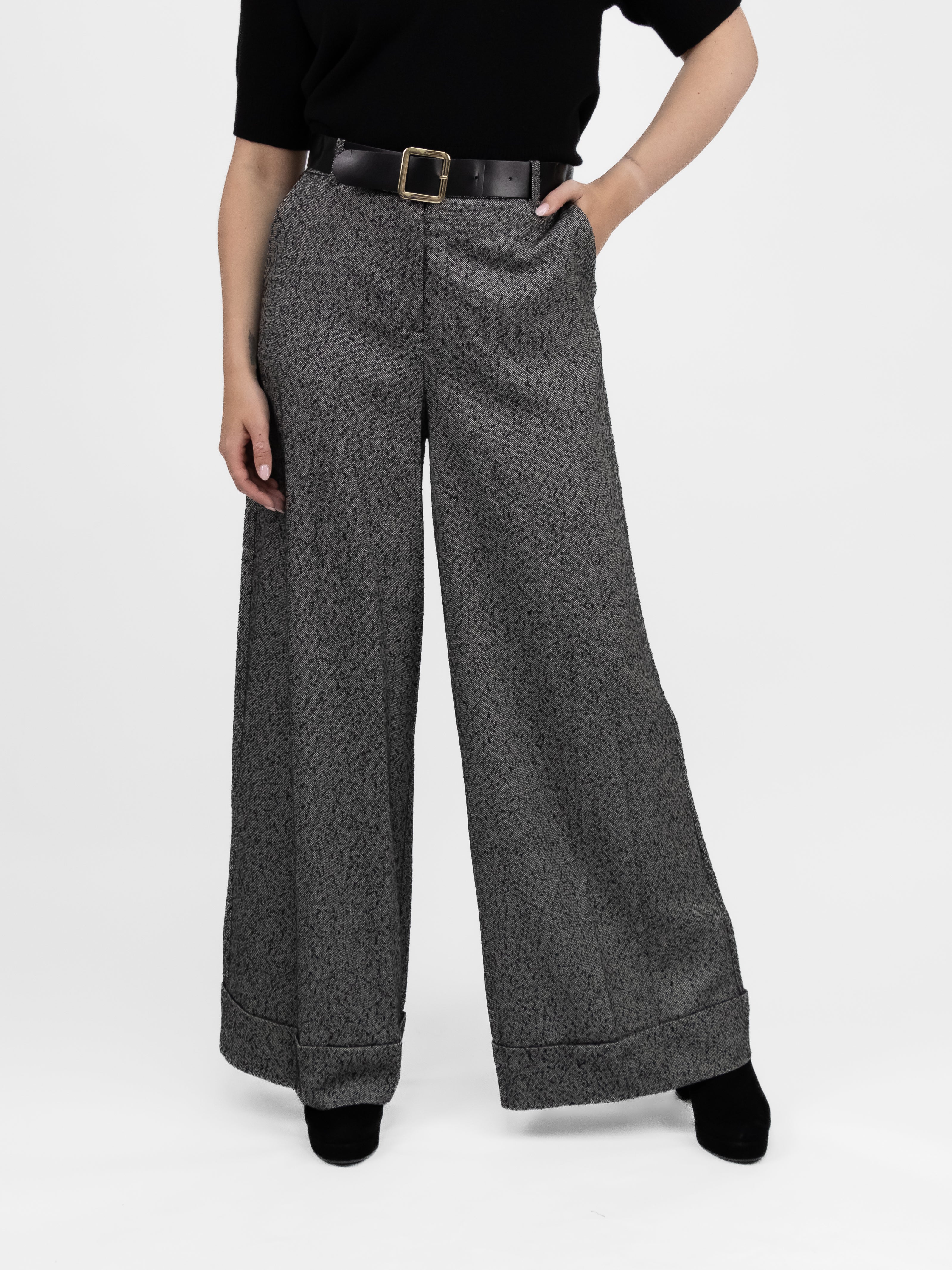 Italian Collection Pants Belted Palazzo Trousers in Grey/Black Fleck