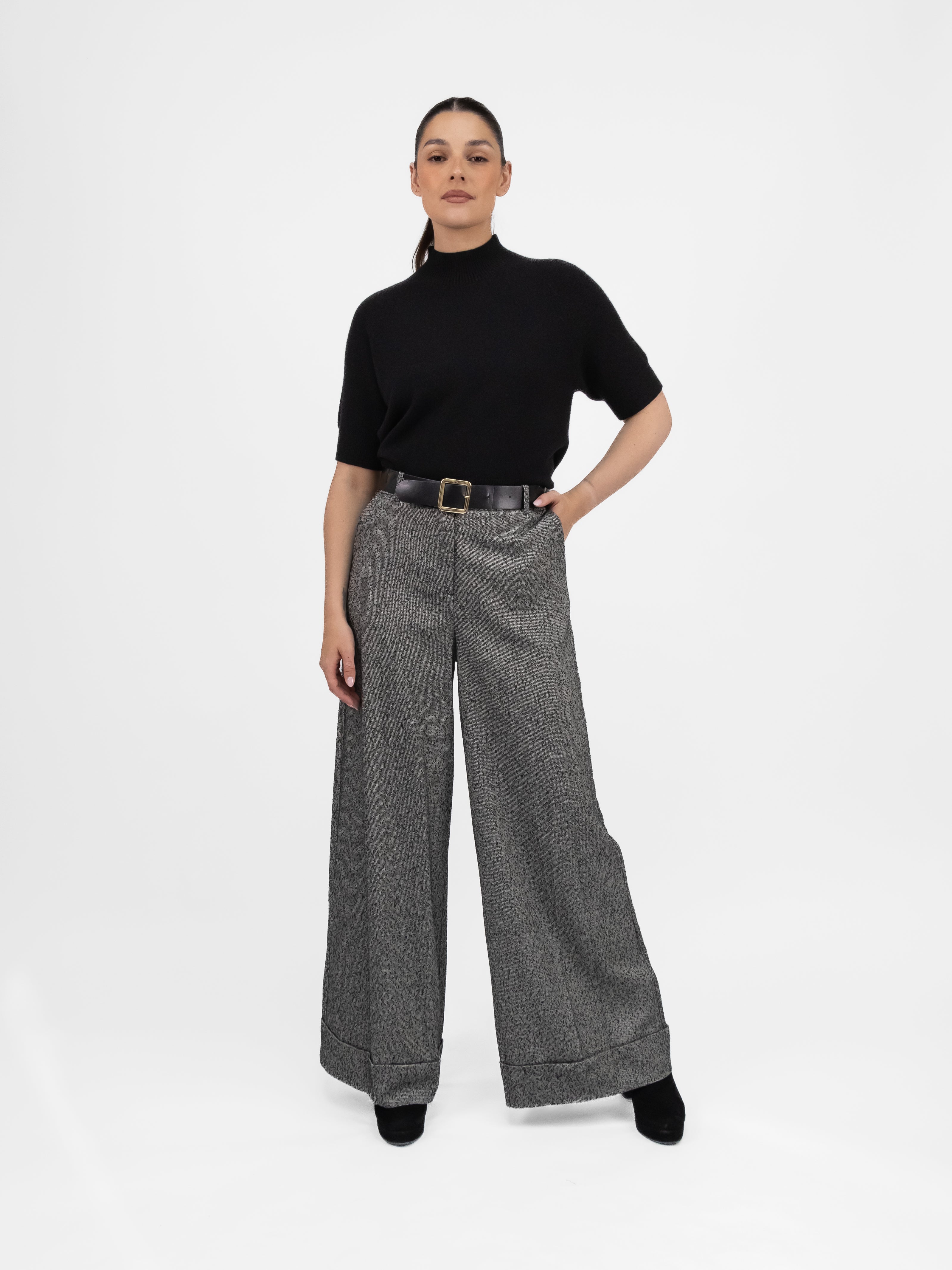 Italian Collection Pants Belted Palazzo Trousers in Grey/Black Fleck