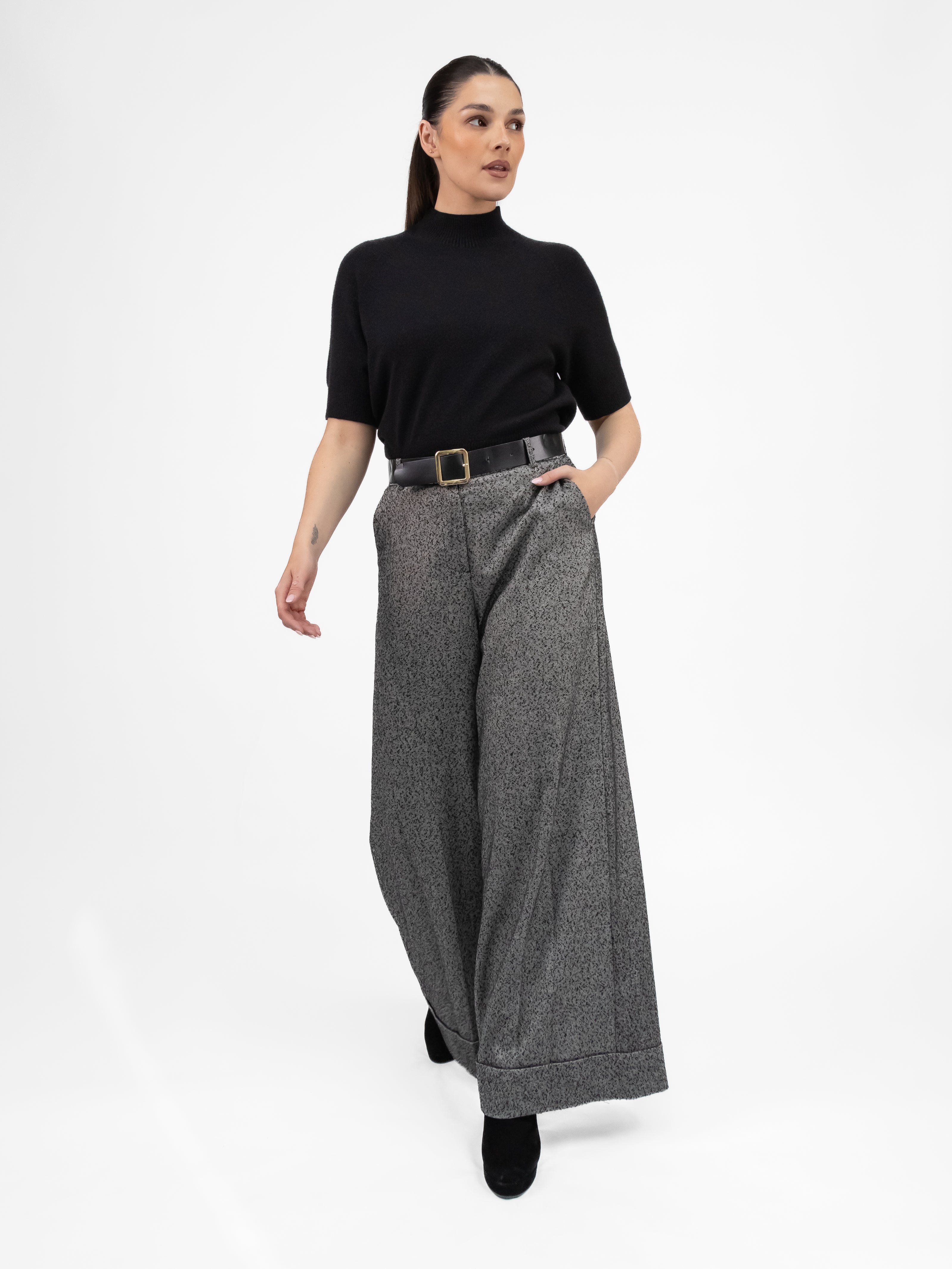 Italian Collection Pants Belted Palazzo Trousers in Grey/Black Fleck