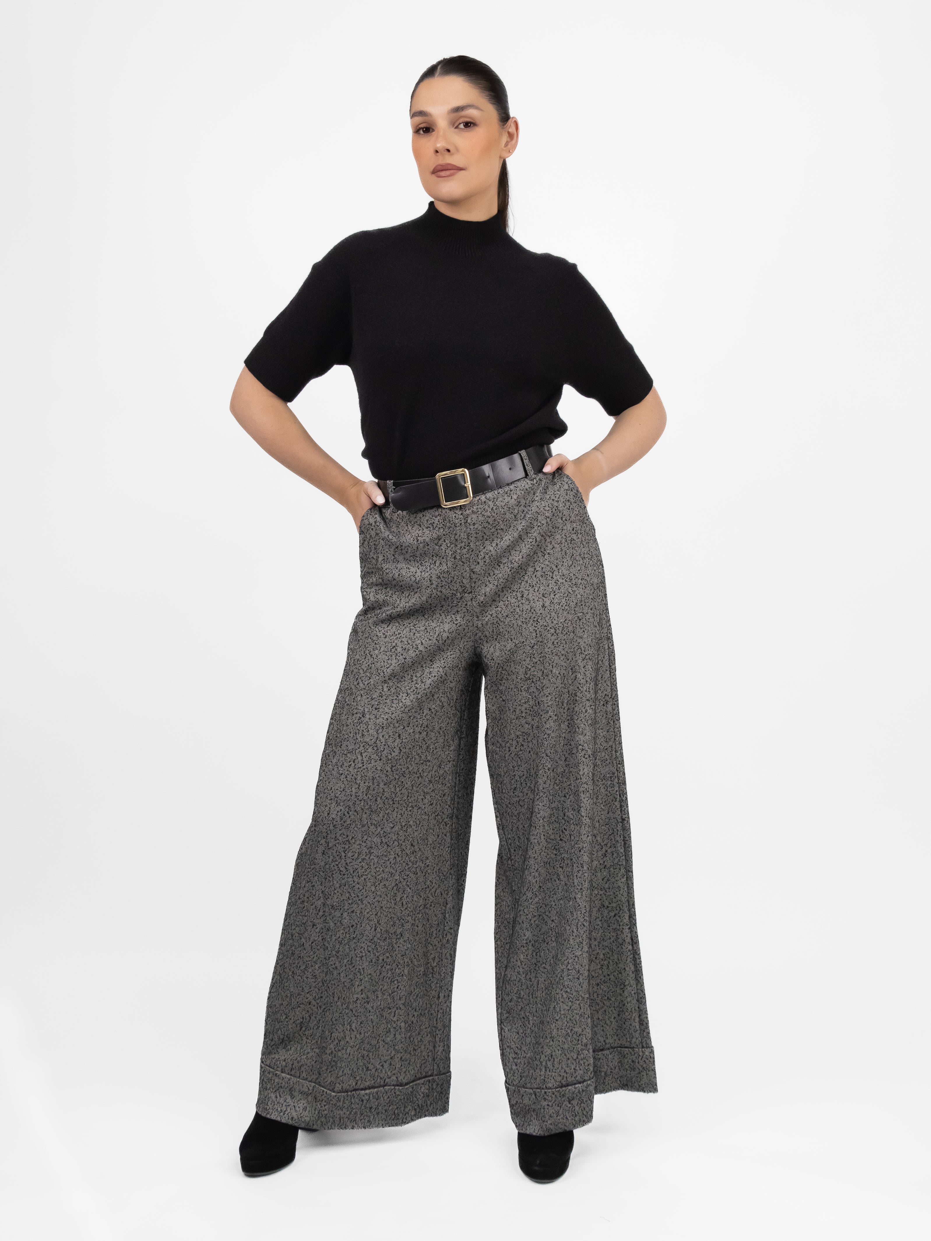Italian Collection Pants Belted Palazzo Trousers in Grey/Black Fleck