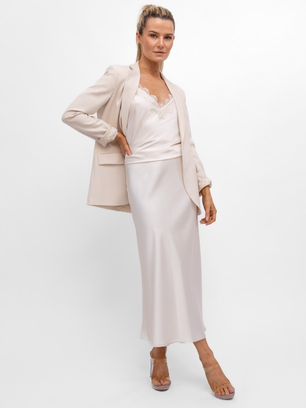 Italian Collection Skirt The Italian Collection Bias Cut Satin Midi Skirt in Champagne