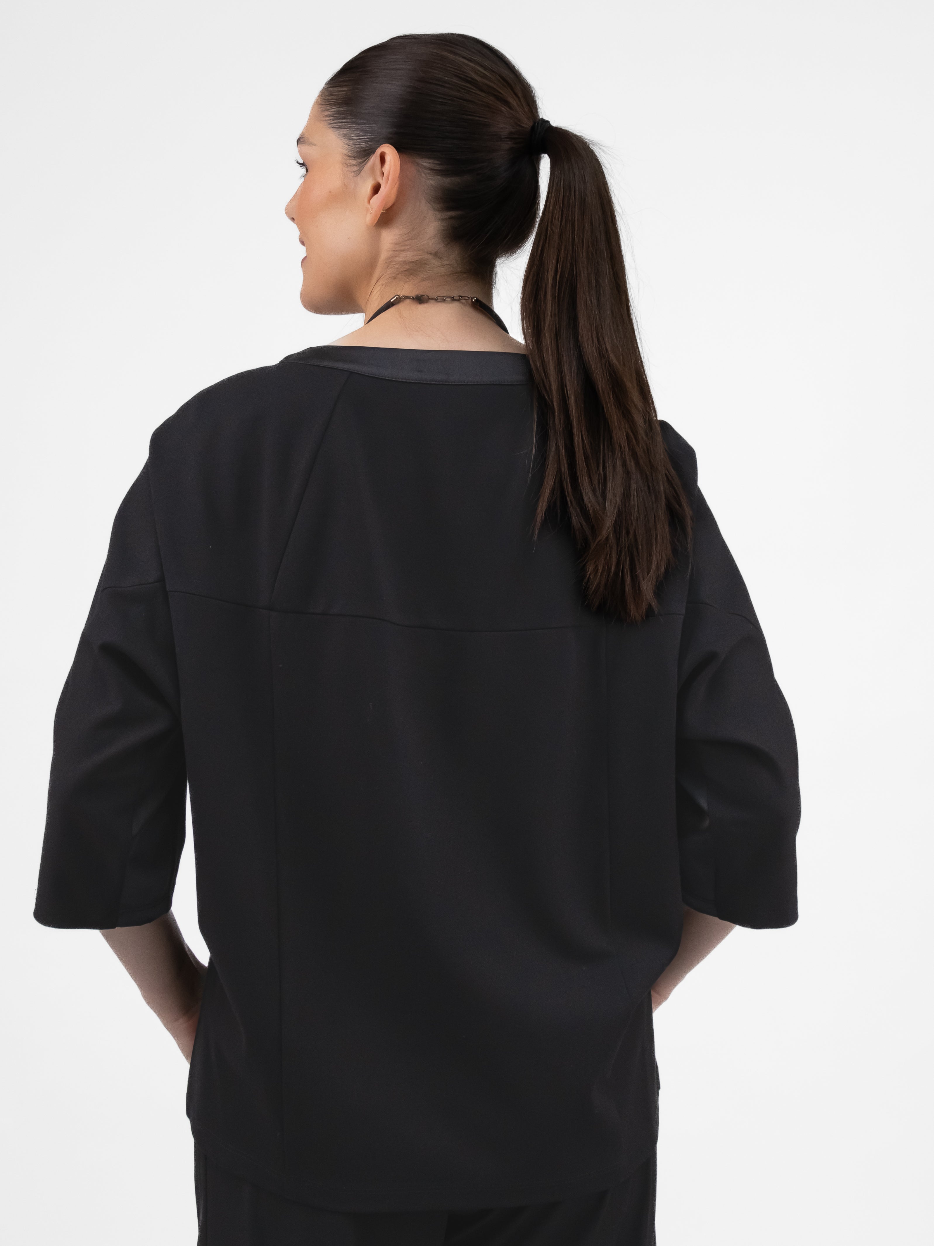 Italian Collection Sweatshirt Tunic Top – Black with Satin Side & Trim