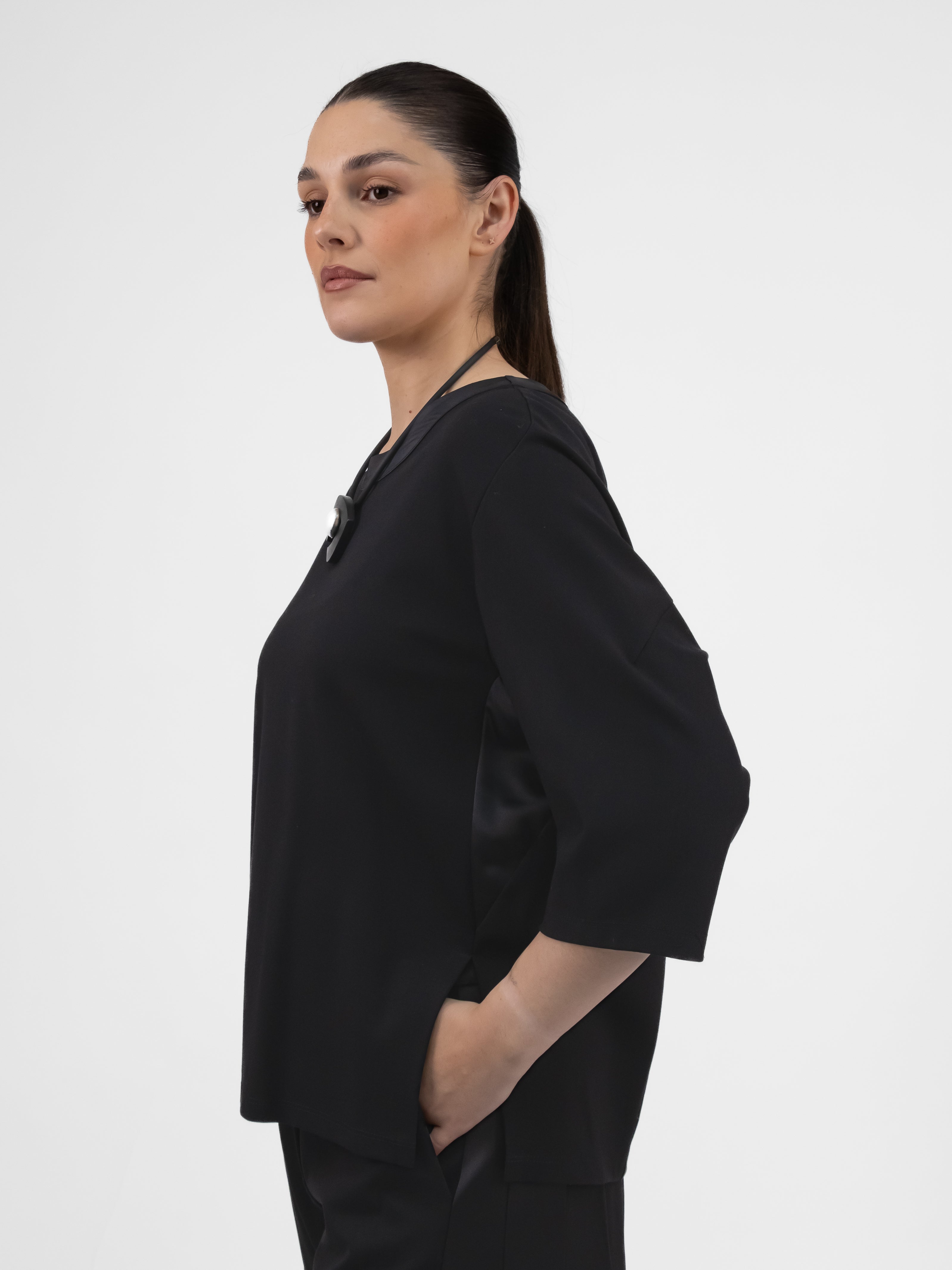 Italian Collection Sweatshirt Tunic Top – Black with Satin Side & Trim