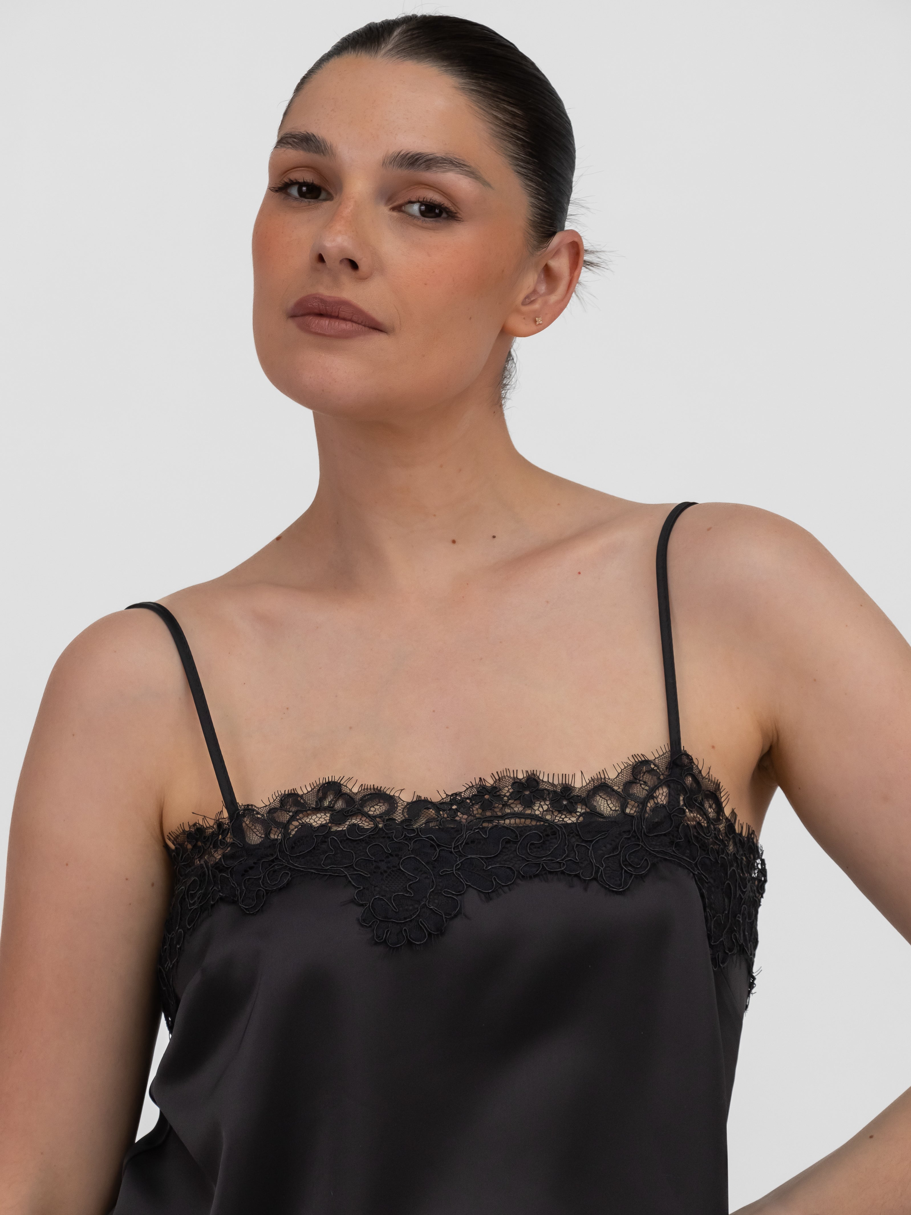 Italian Collection Top Lace Trim Camisole Top in Black