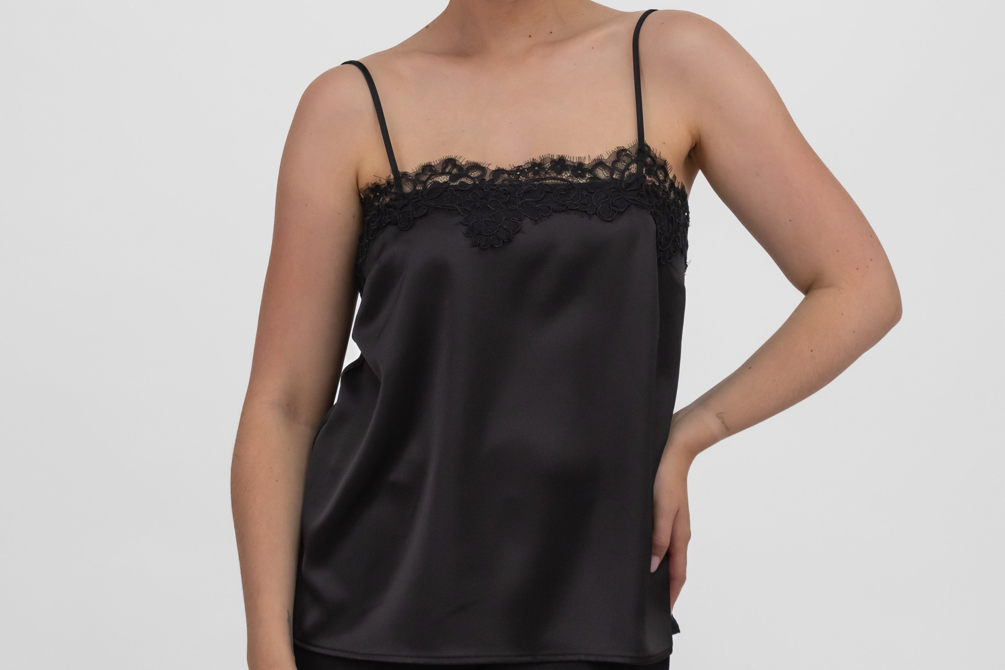 Italian Collection Top Lace Trim Camisole Top in Black
