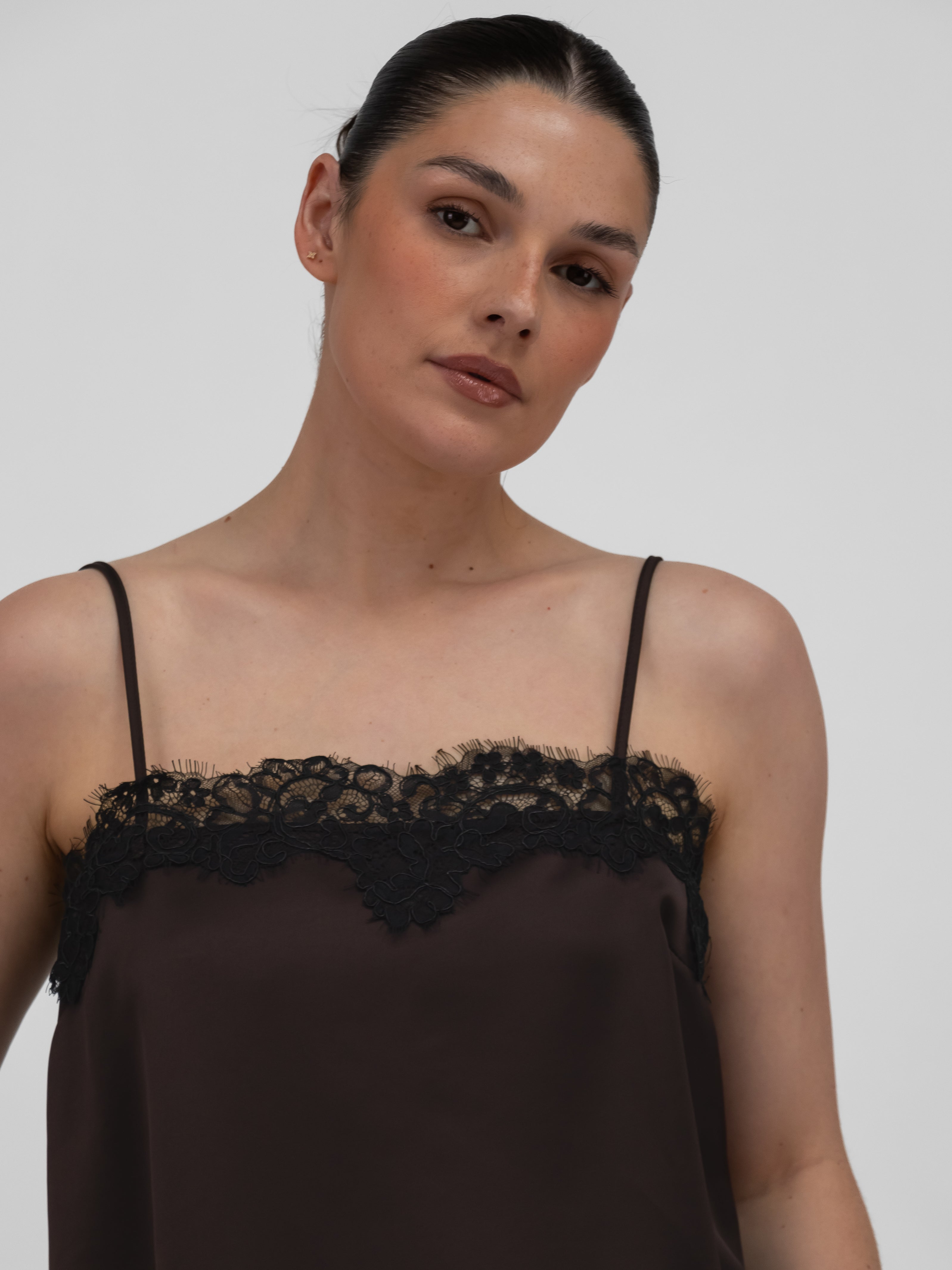 Italian Collection Top Lace Trim Camisole Top in Chocolate Brown