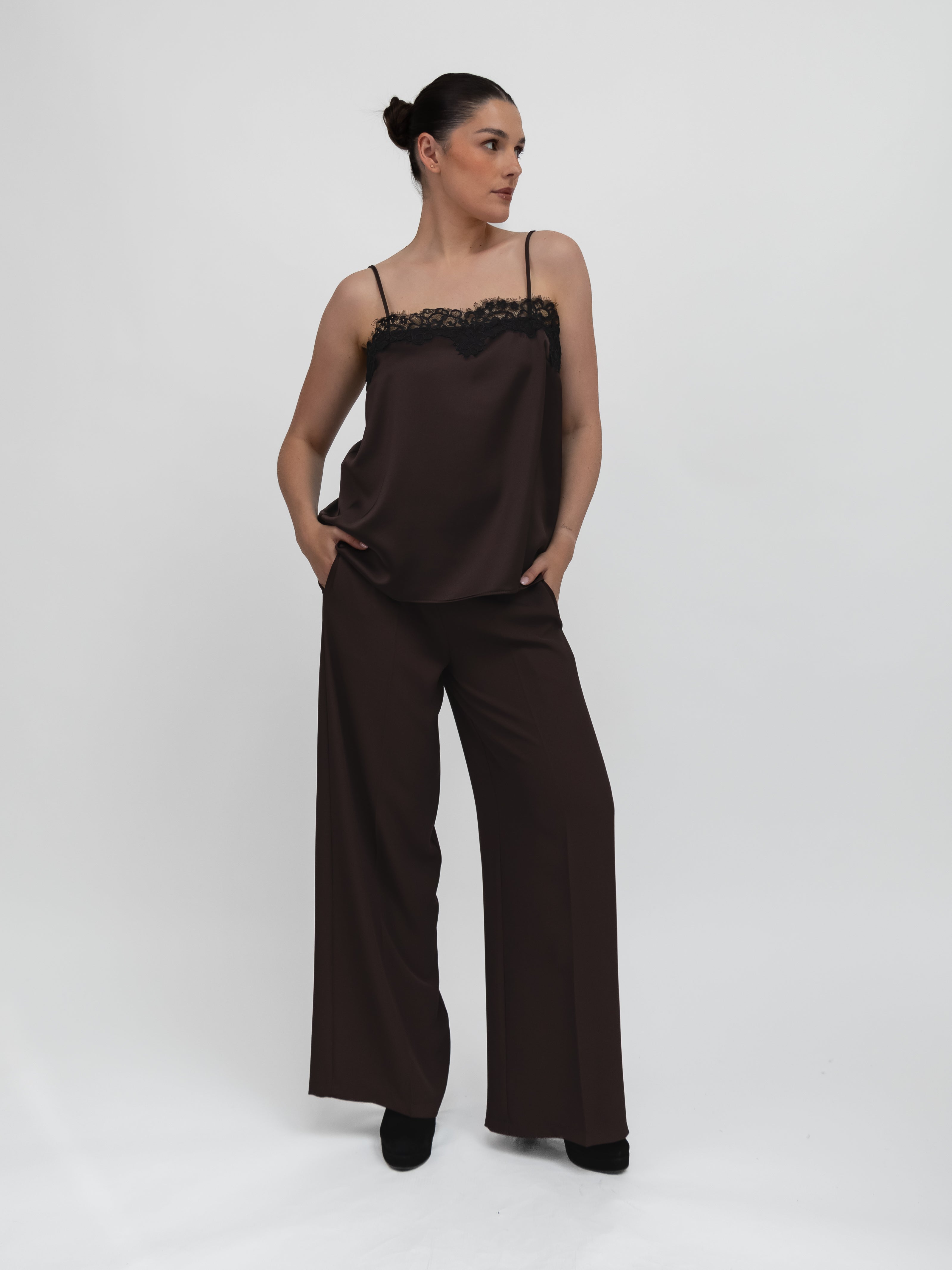 Italian Collection Top Lace Trim Camisole Top in Chocolate Brown