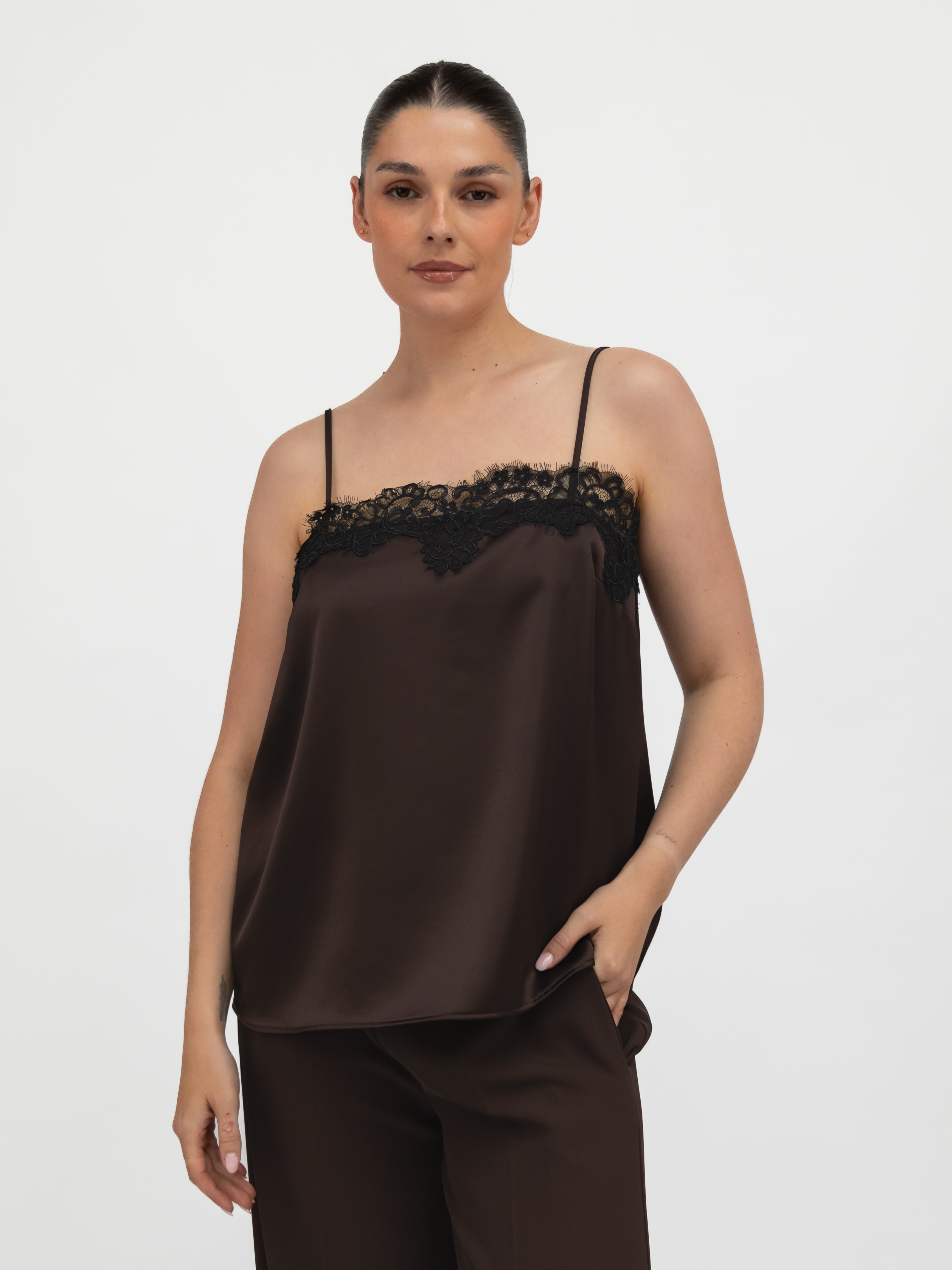 Italian Collection Top Lace Trim Camisole Top in Chocolate Brown