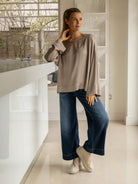 Italian Collection Top One Size Satin Blouse in Taupe