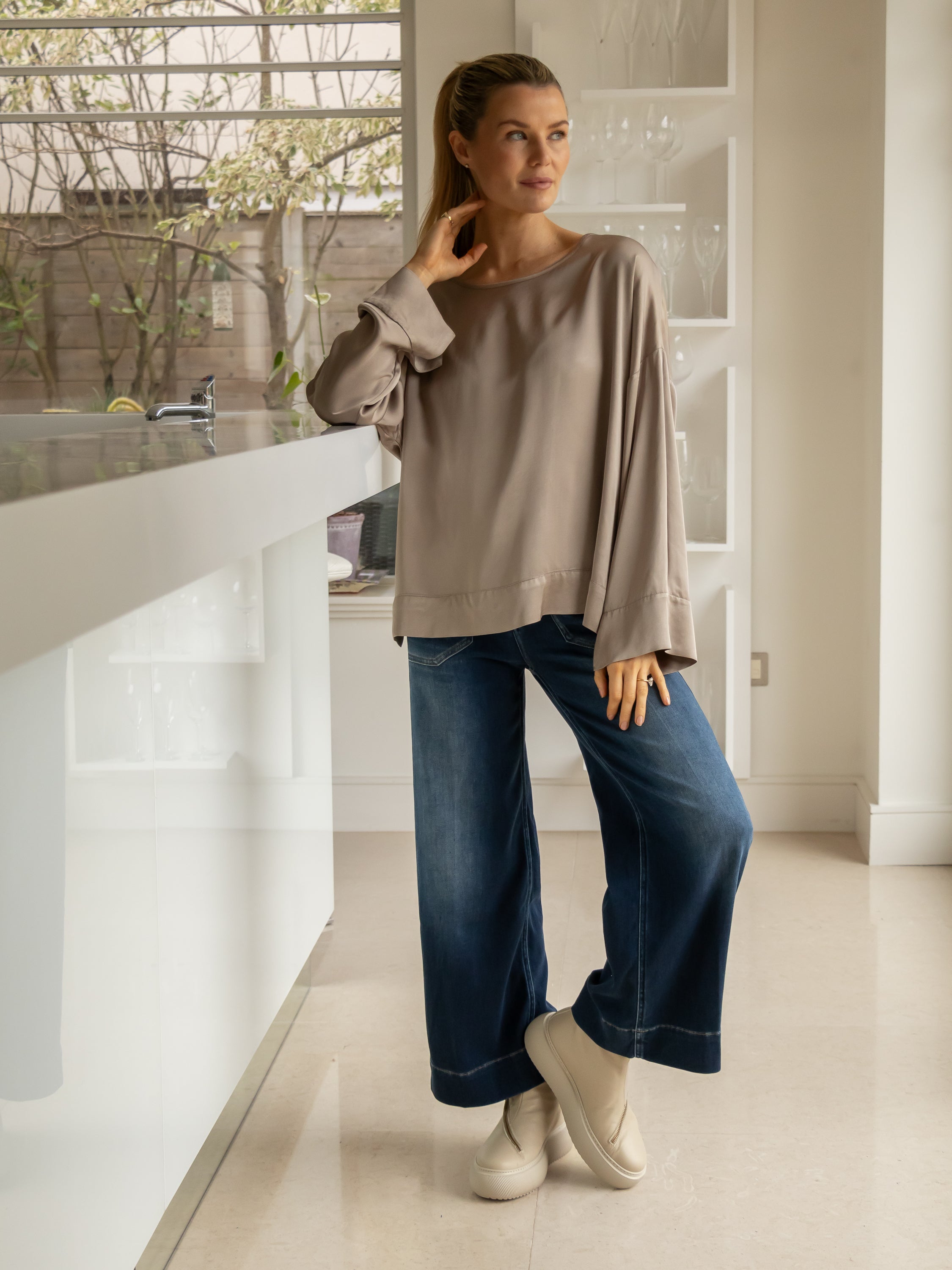 Italian Collection Top One Size Satin Blouse in Taupe
