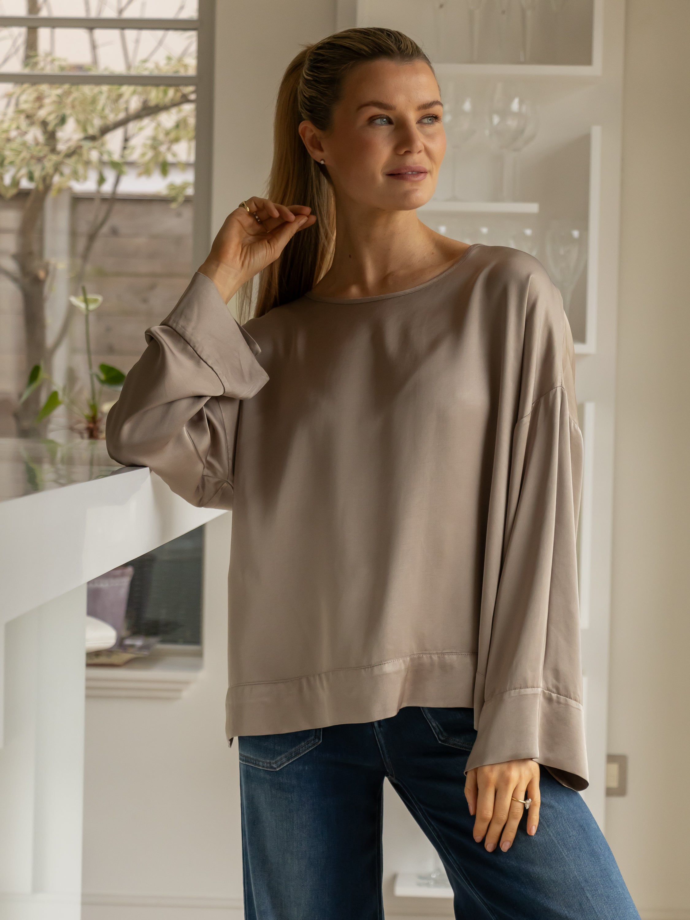 Italian Collection Top One Size Satin Blouse in Taupe