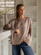 Italian Collection Top One Size Satin Blouse in Taupe