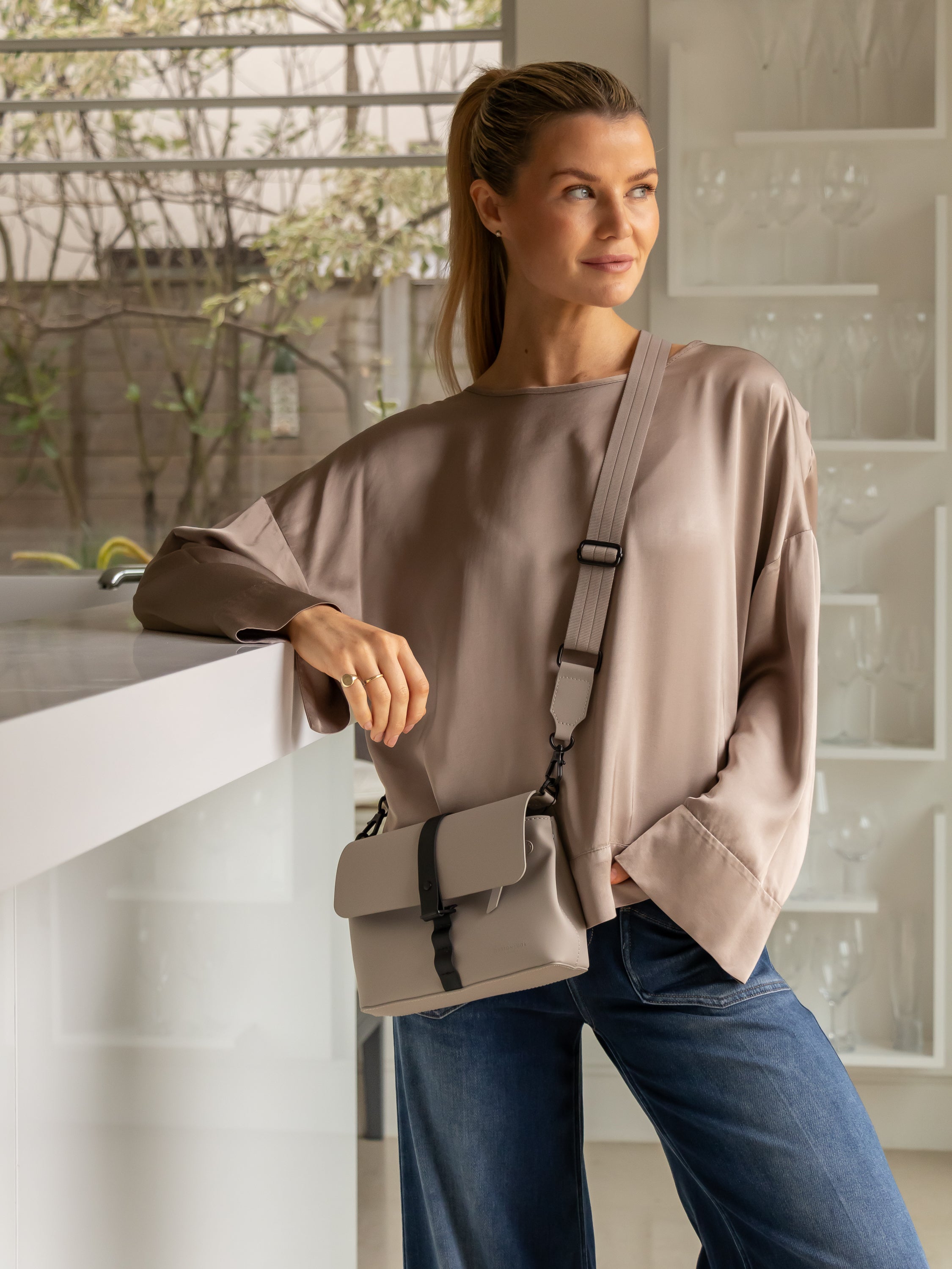 Italian Collection Top One Size Satin Blouse in Taupe