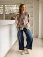 Italian Collection Top One Size Satin Blouse in Taupe