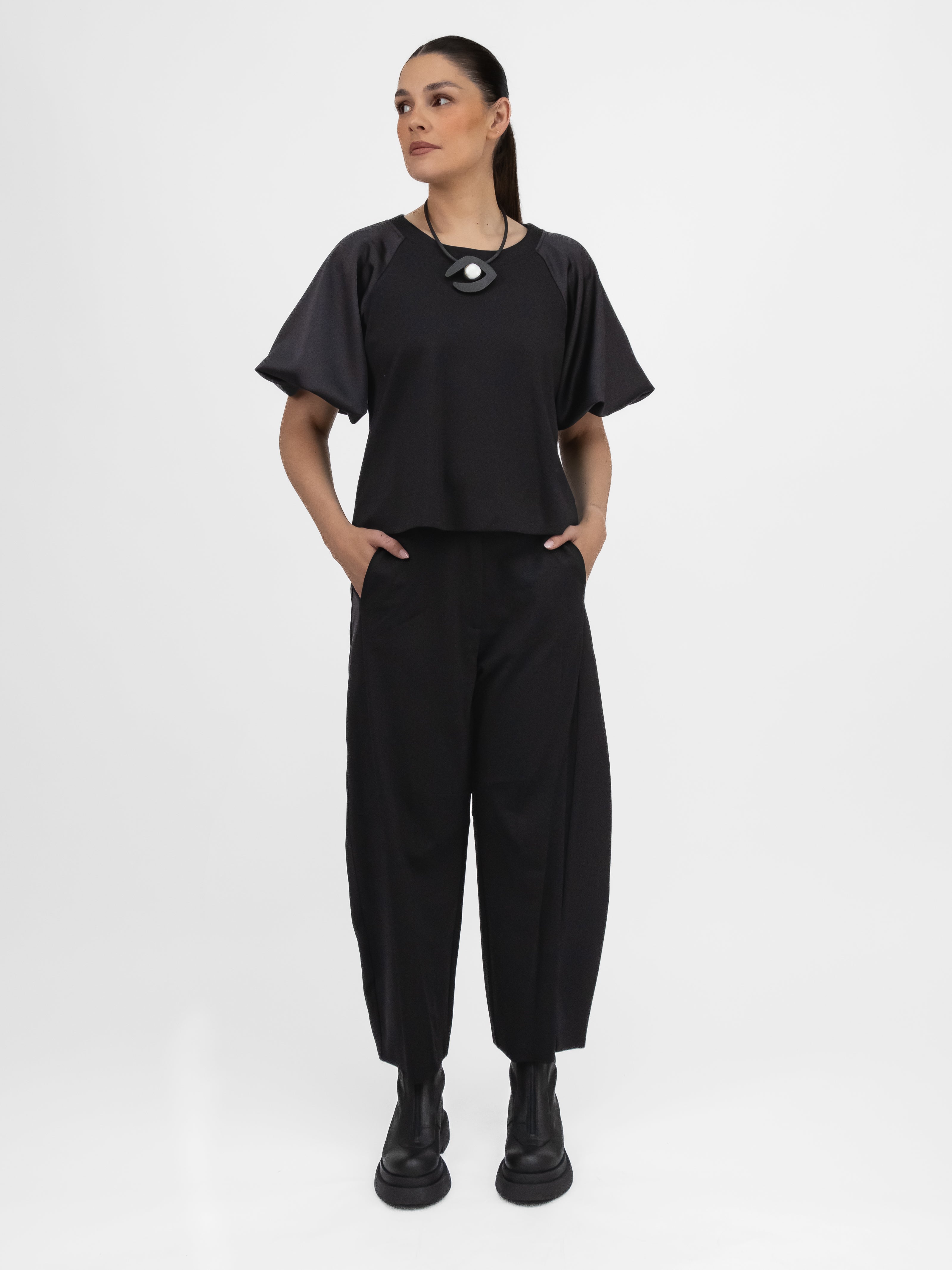 Italian Collection Trousers Barrel Leg Trousers in Black with Satin Side Panel