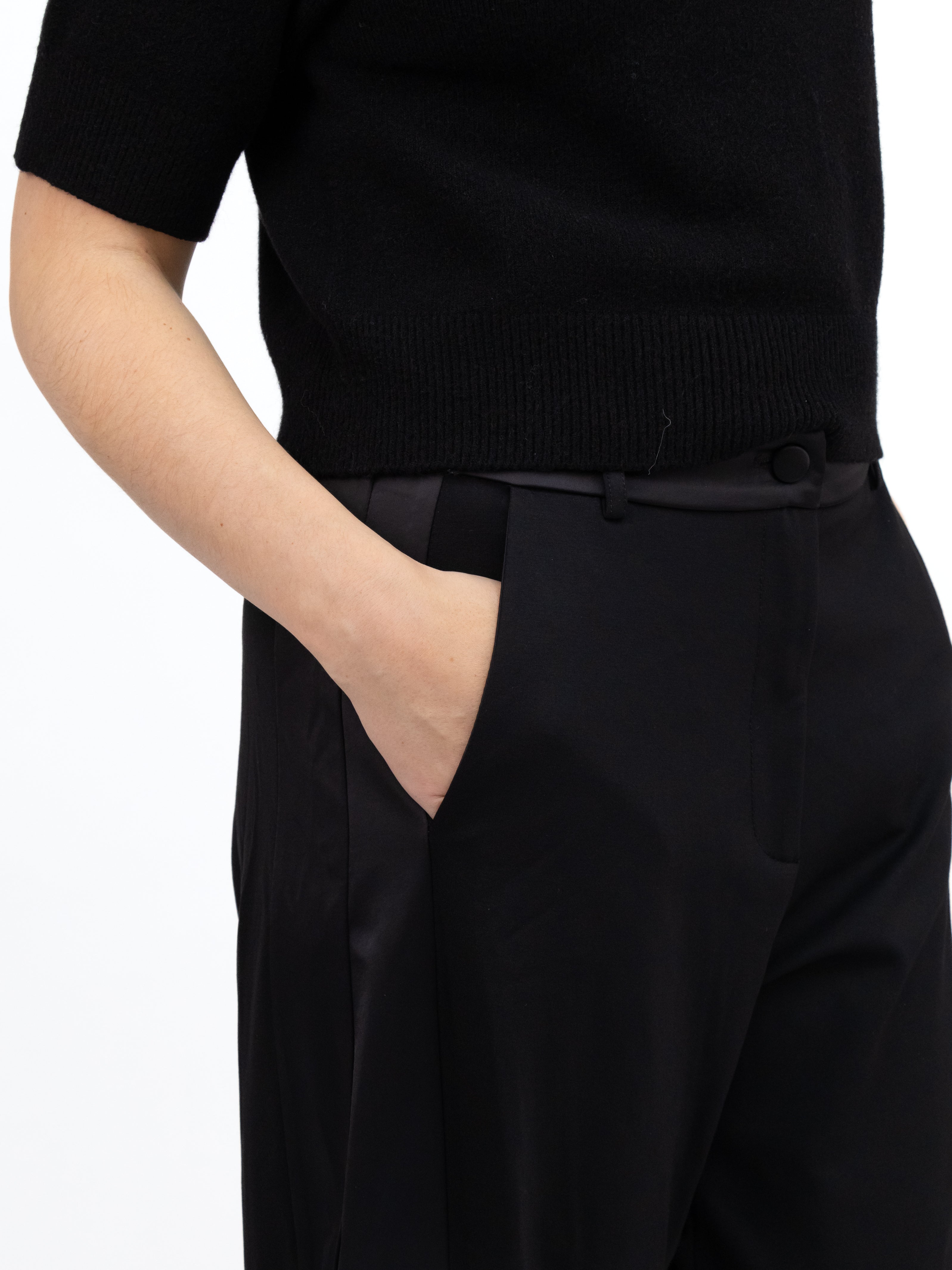 Italian Collection Trousers Barrel Leg Trousers in Black with Satin Side Panel