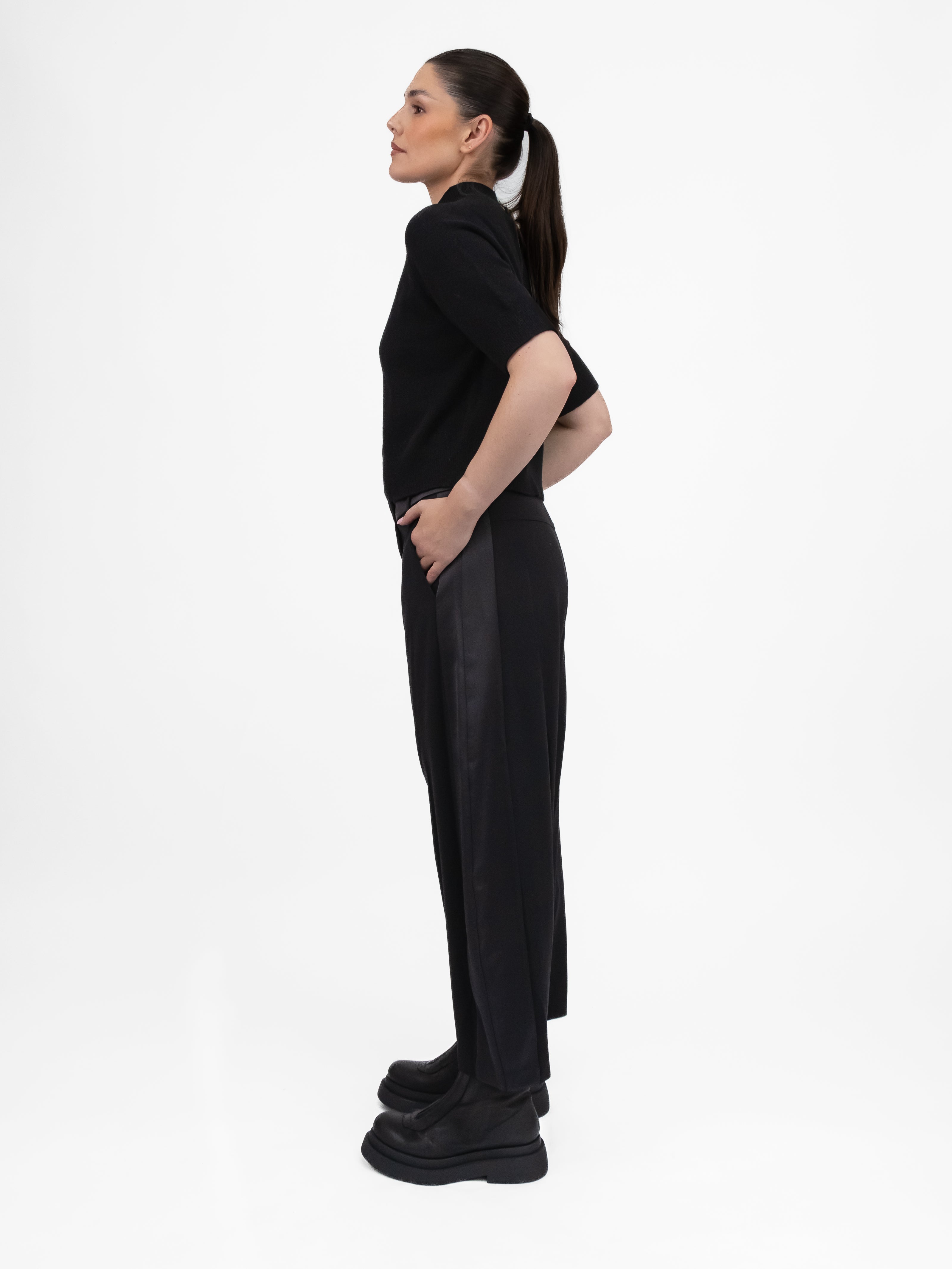 Italian Collection Trousers Barrel Leg Trousers in Black with Satin Side Panel