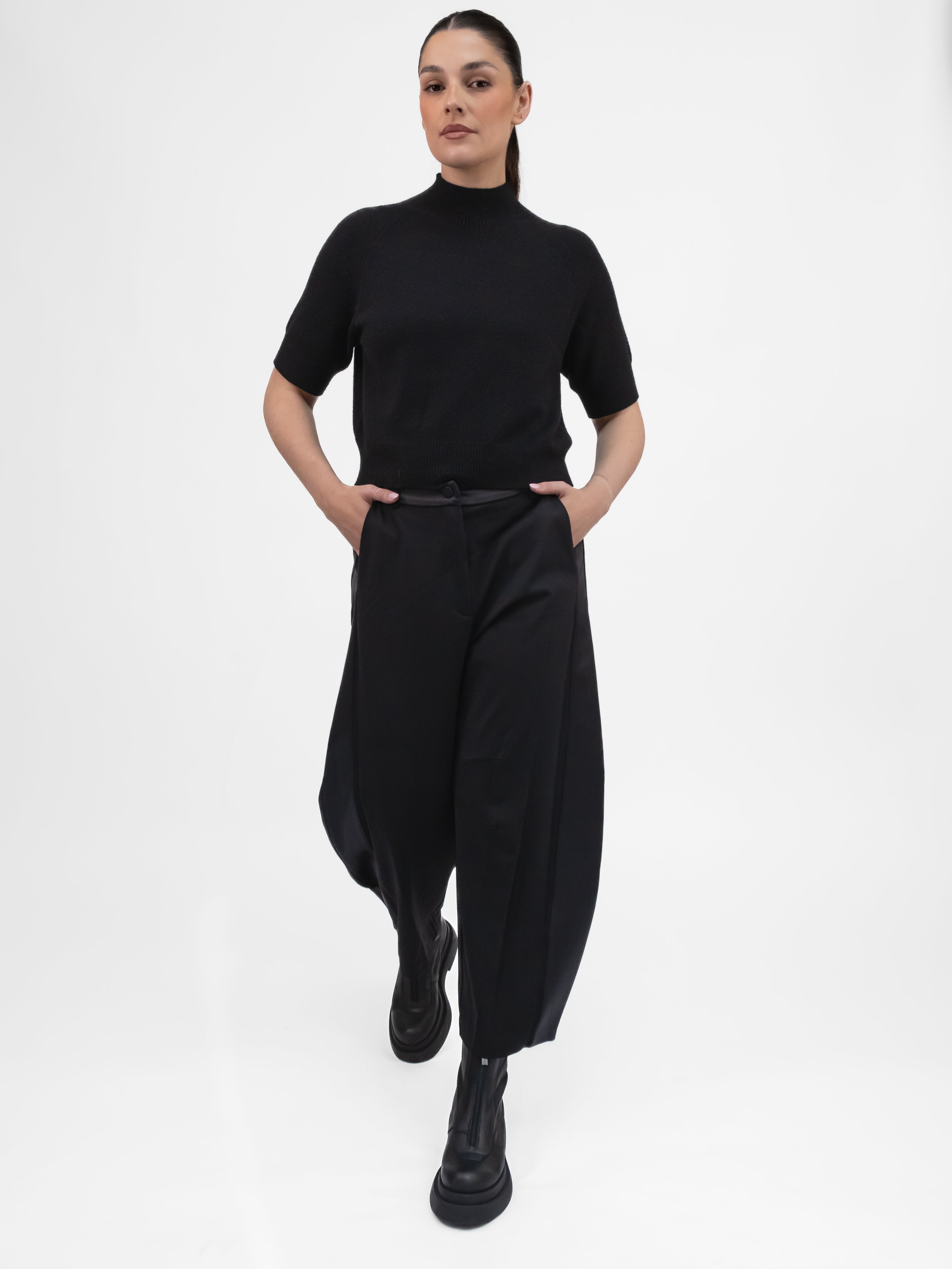 Italian Collection Trousers Barrel Leg Trousers in Black with Satin Side Panel