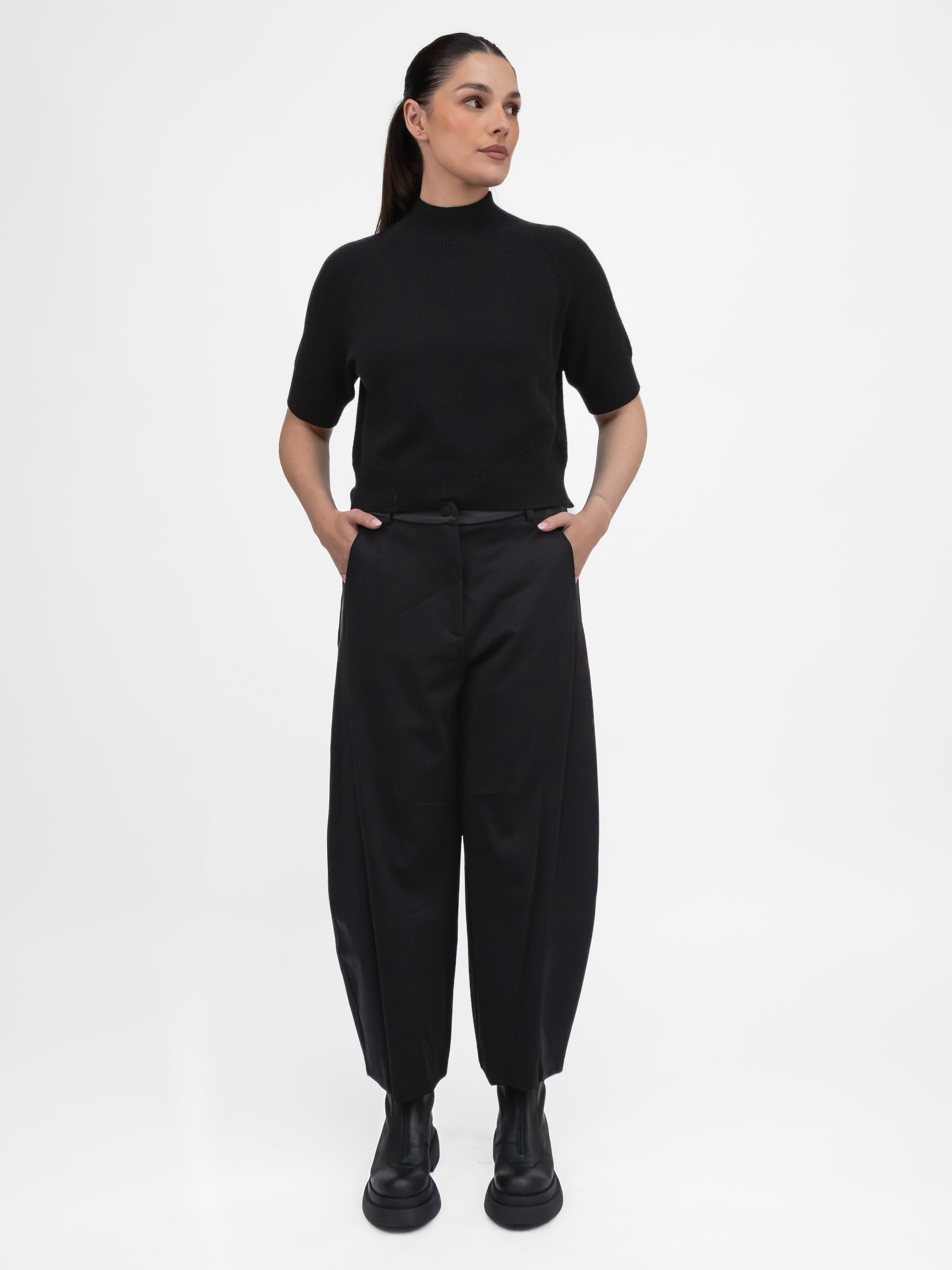 Italian Collection Trousers Barrel Leg Trousers in Black with Satin Side Panel