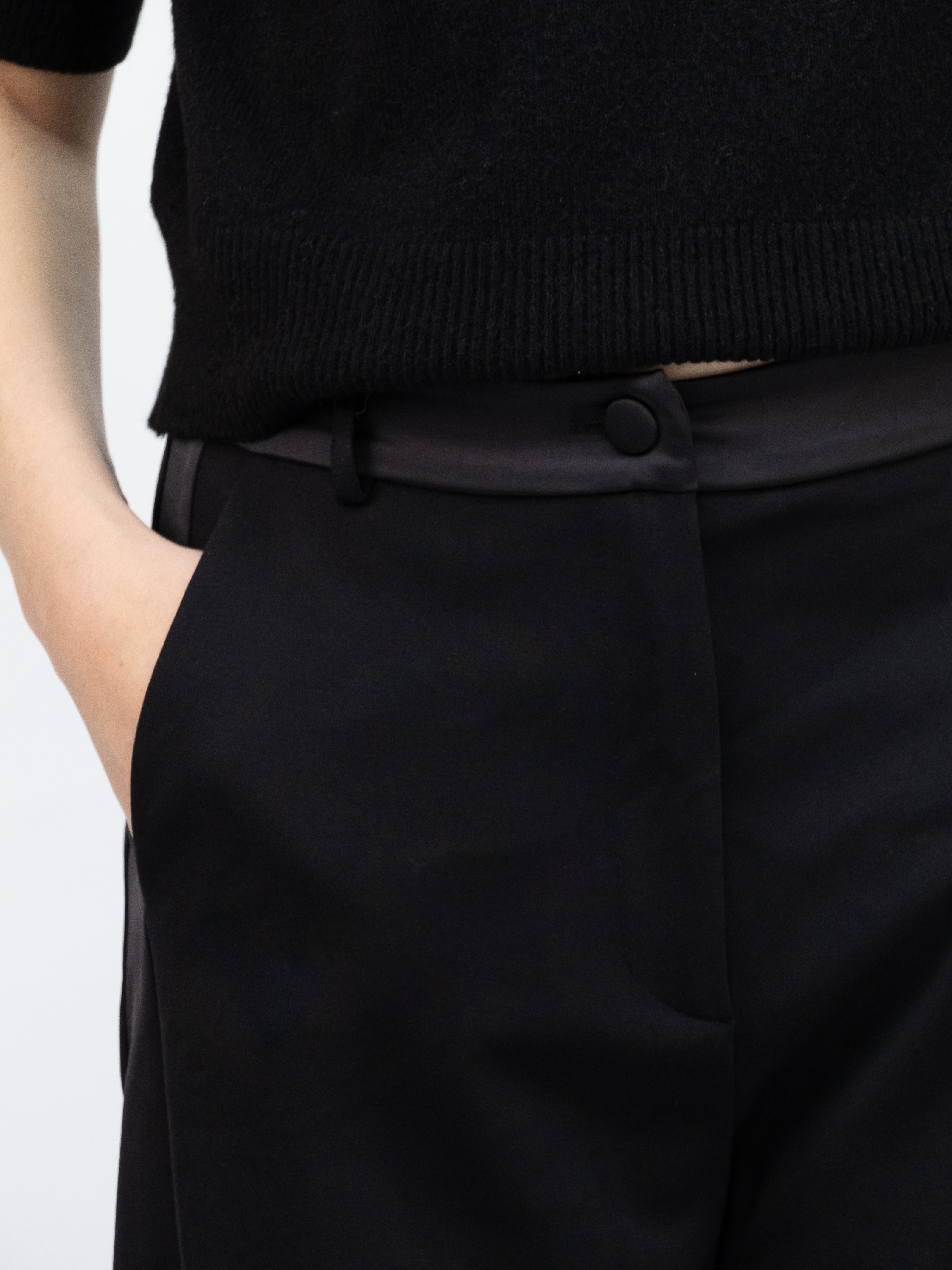 Italian Collection Trousers Barrel Leg Trousers in Black with Satin Side Panel
