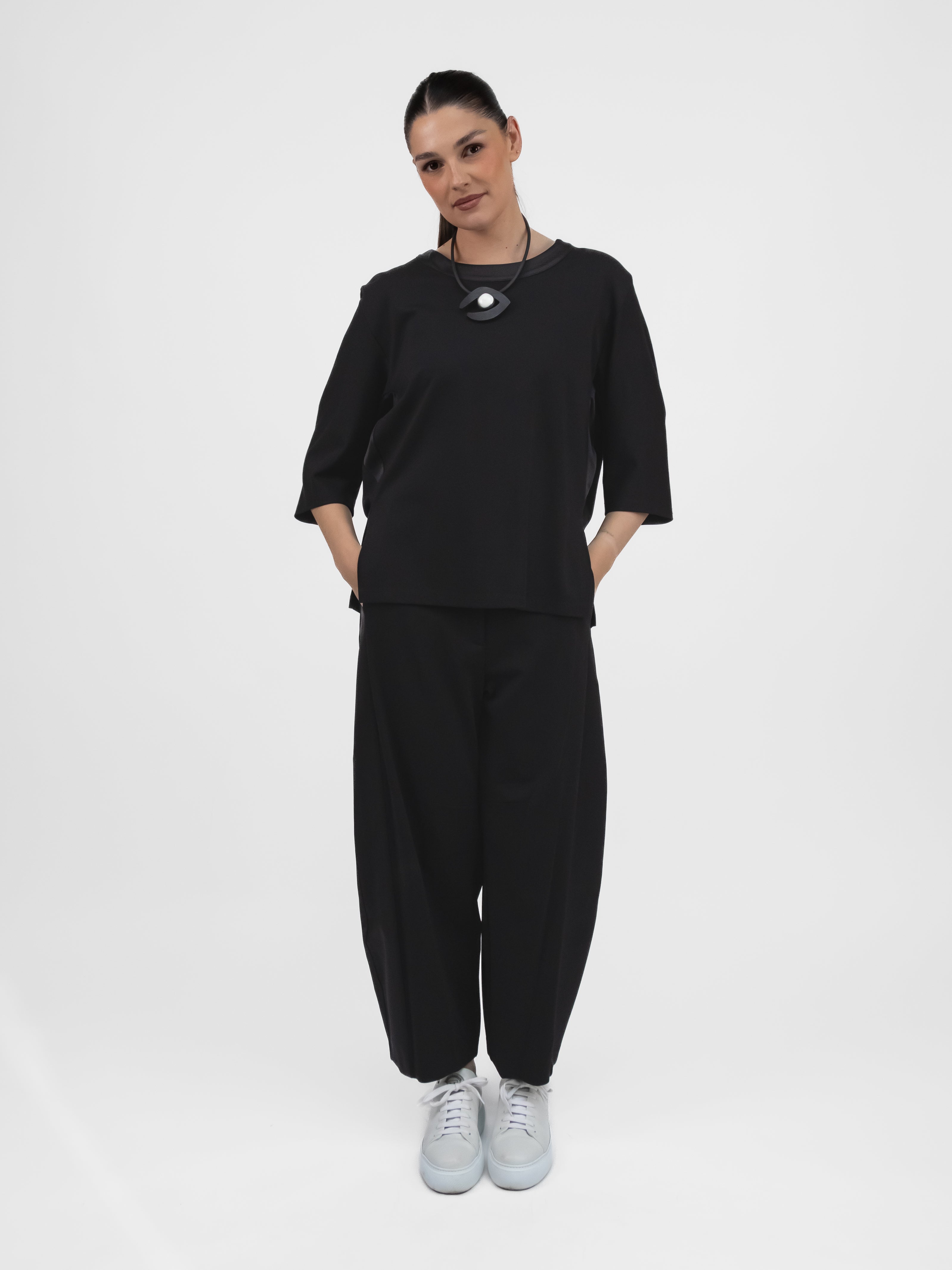 Italian Collection Trousers Barrel Leg Trousers in Black with Satin Side Panel