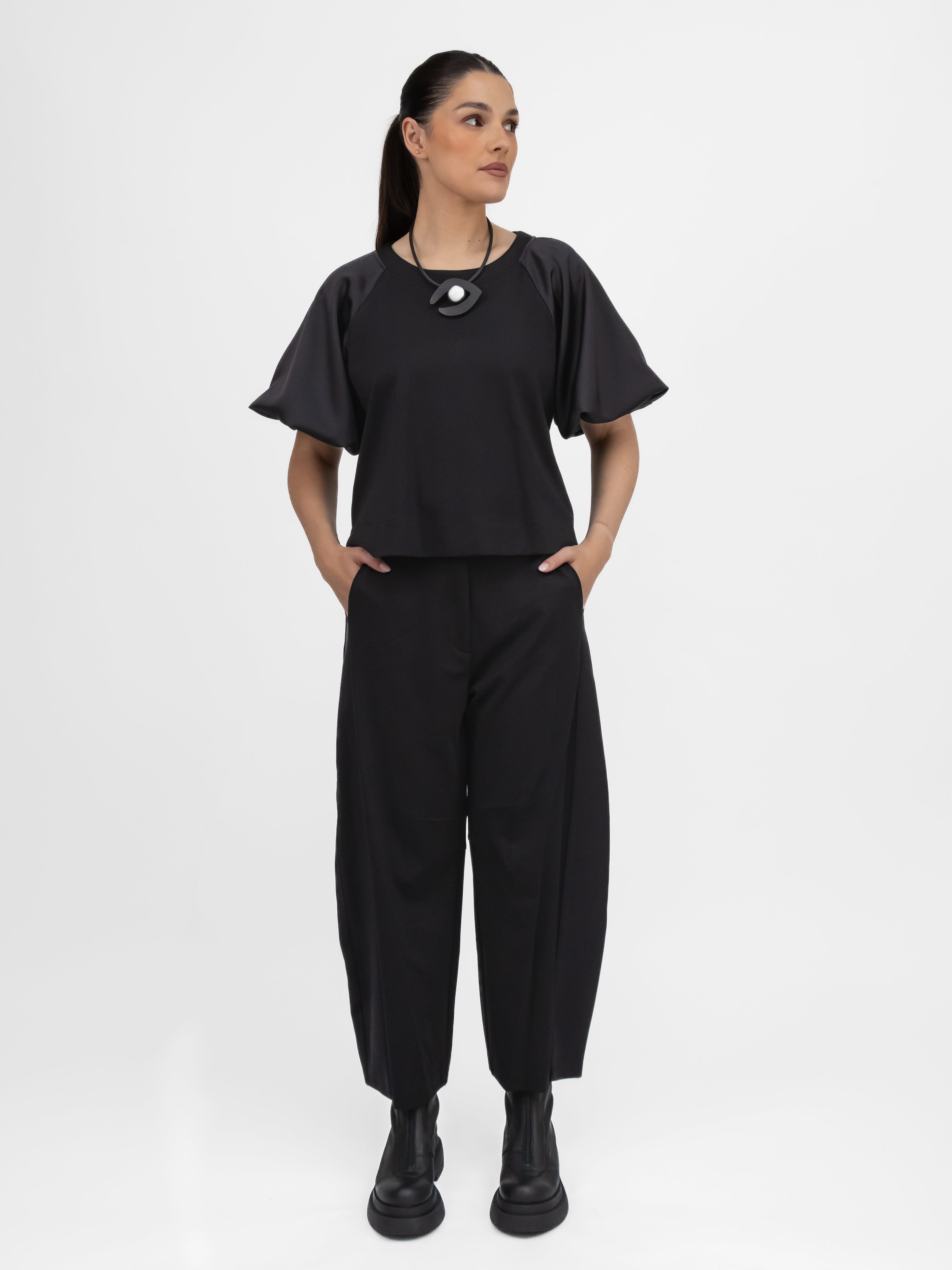 Italian Collection Trousers Barrel Leg Trousers in Black with Satin Side Panel