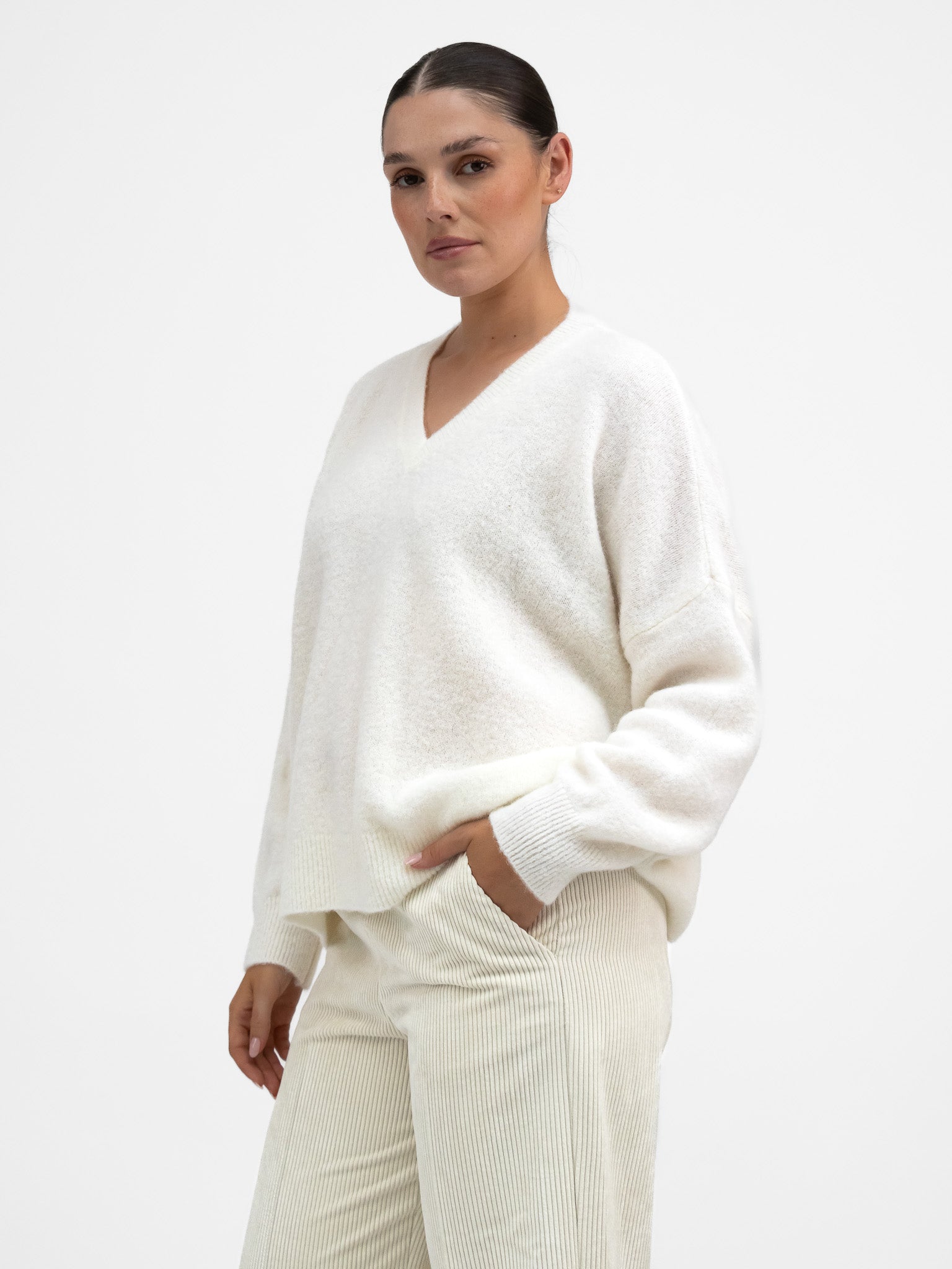 Italian Collection Trousers Wide Leg Corduroy Trousers in Soft Ivory