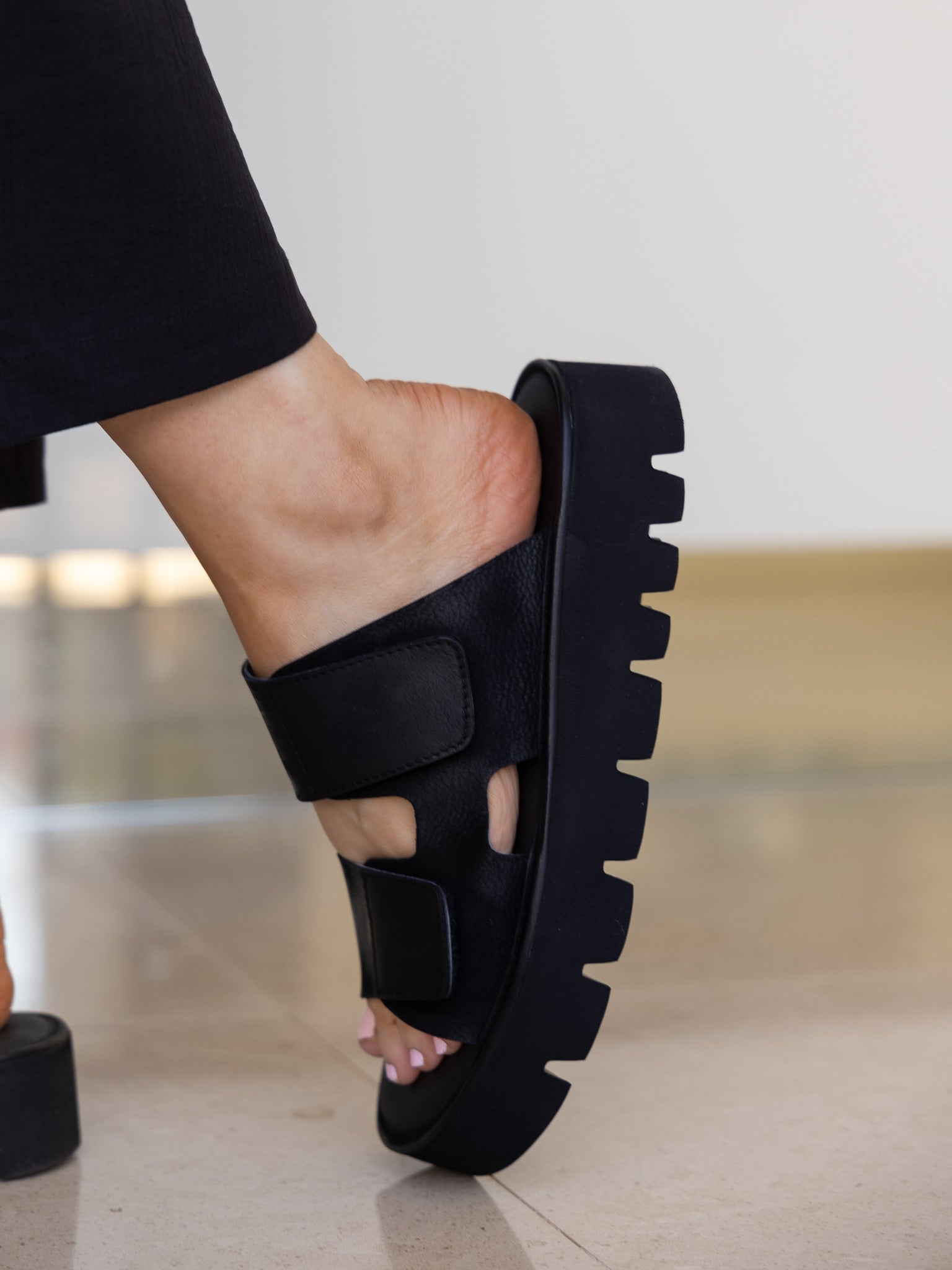Lofina Sandals Lofina Velcro Strap Platform Slide in Gasoline Nero