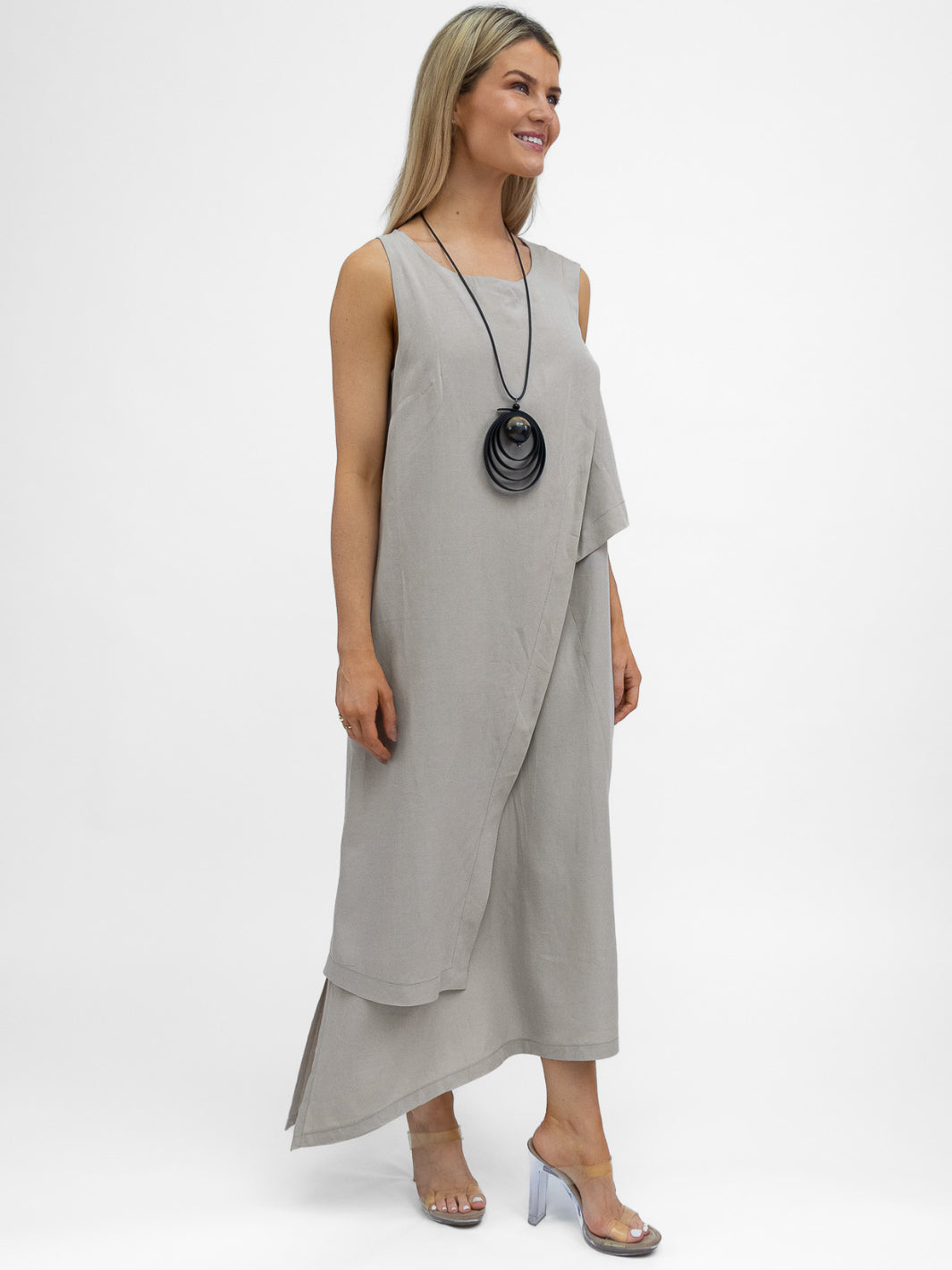 Lotus Eaters Dress Mesca Asymmetric Maxi Dress In Greige From Lotus Eaters