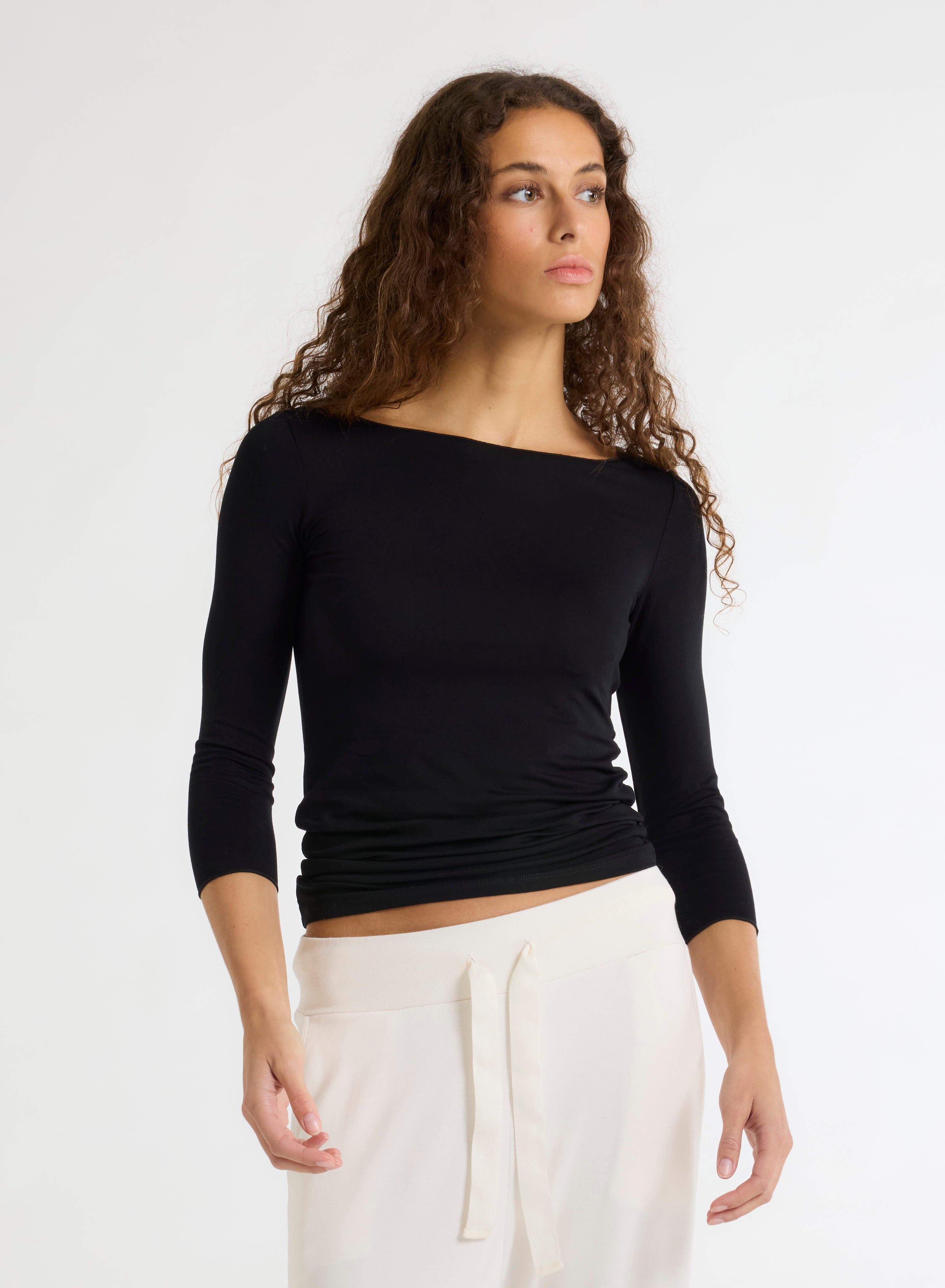 Majestic Filatures T-Shirt Adele Boat Neck 3/4 Sleeve Tee in Black