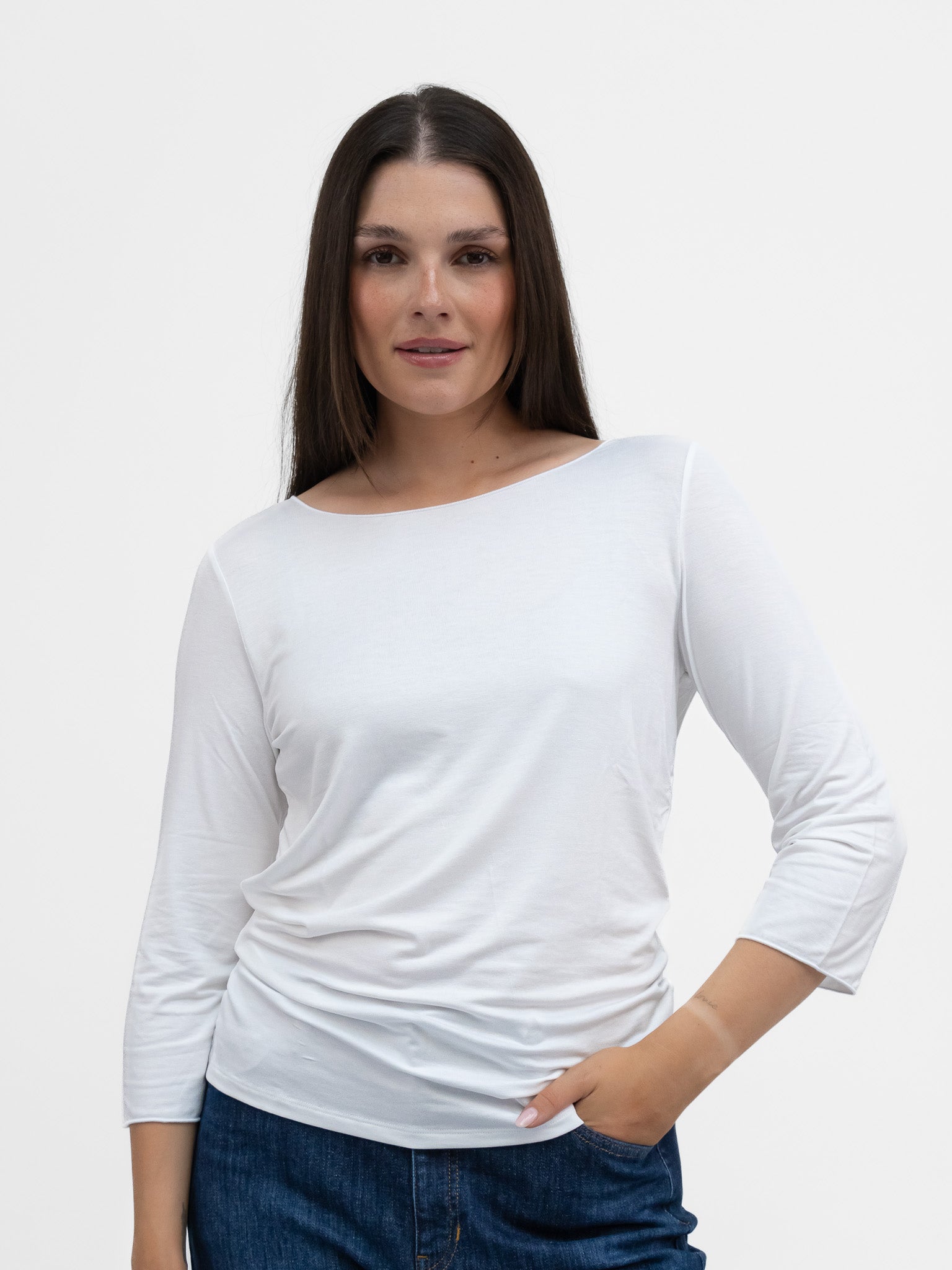 Majestic Filatures T-Shirt Adele Boat Neck 3/4 Sleeve Tee in White