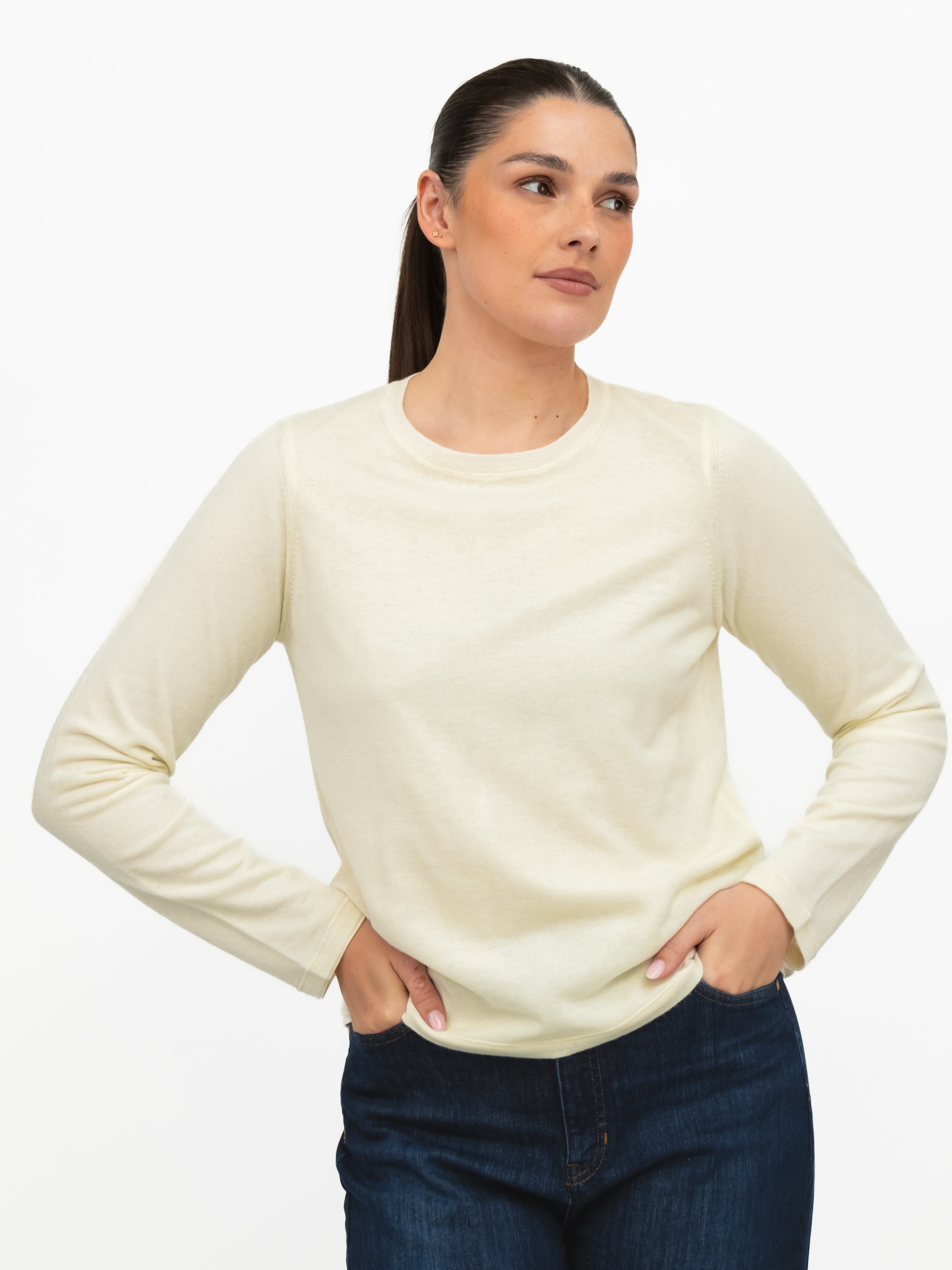 Majestic Filatures T-Shirt Round Neck Long Sleeve Double Layered Tee in Milk