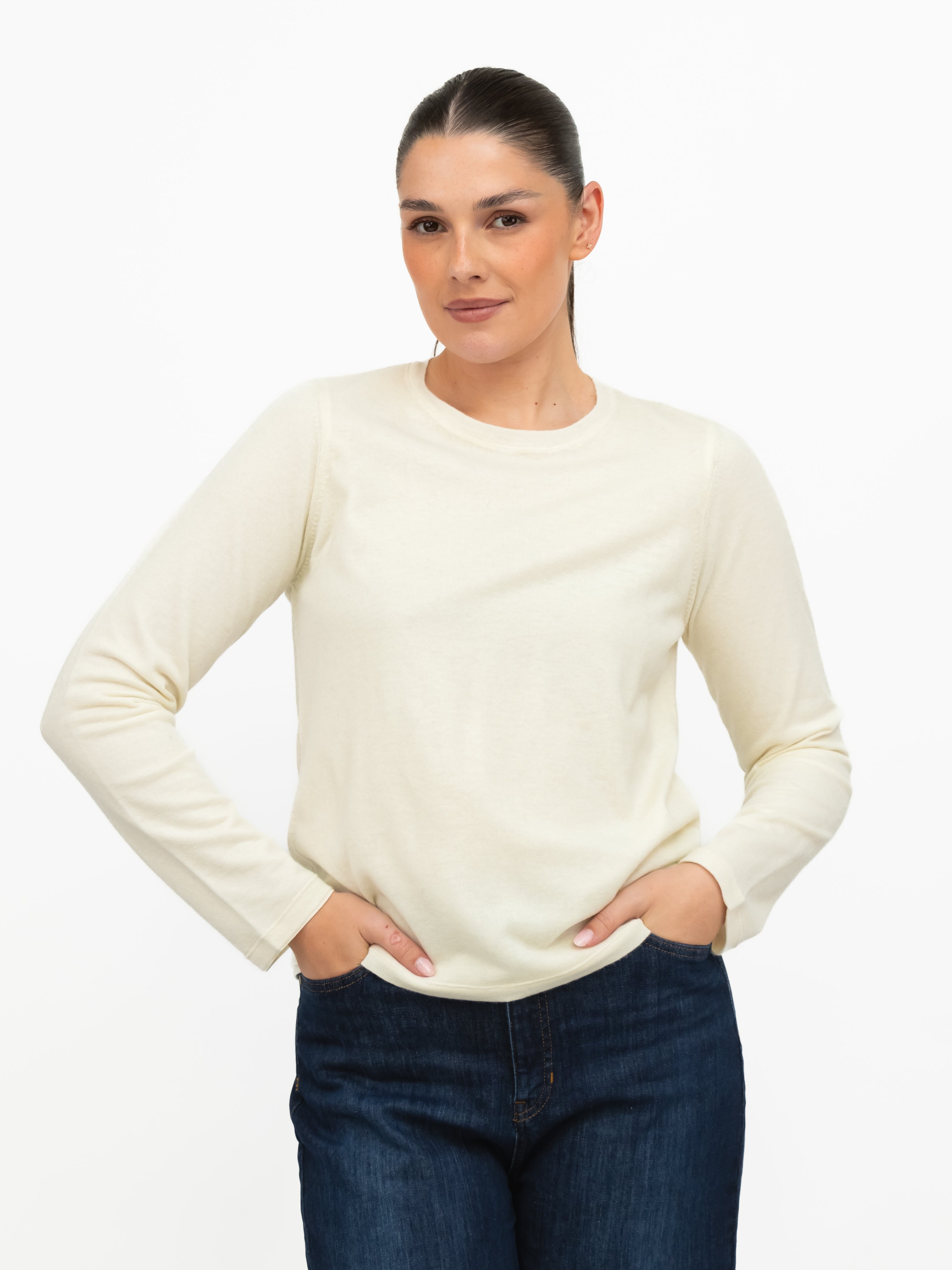 Majestic Filatures T-Shirt Round Neck Long Sleeve Double Layered Tee in Milk