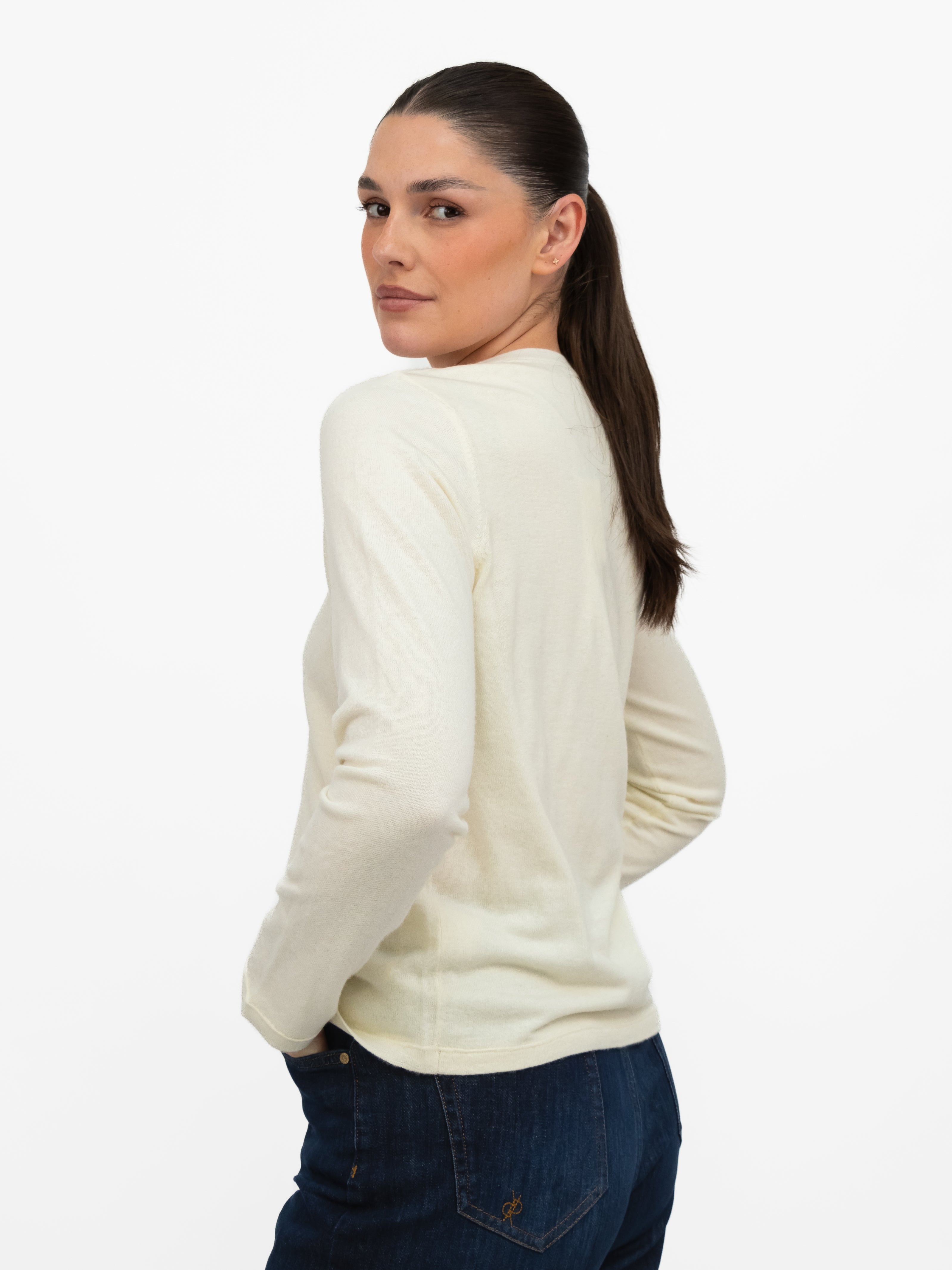 Majestic Filatures T-Shirt Round Neck Long Sleeve Double Layered Tee in Milk