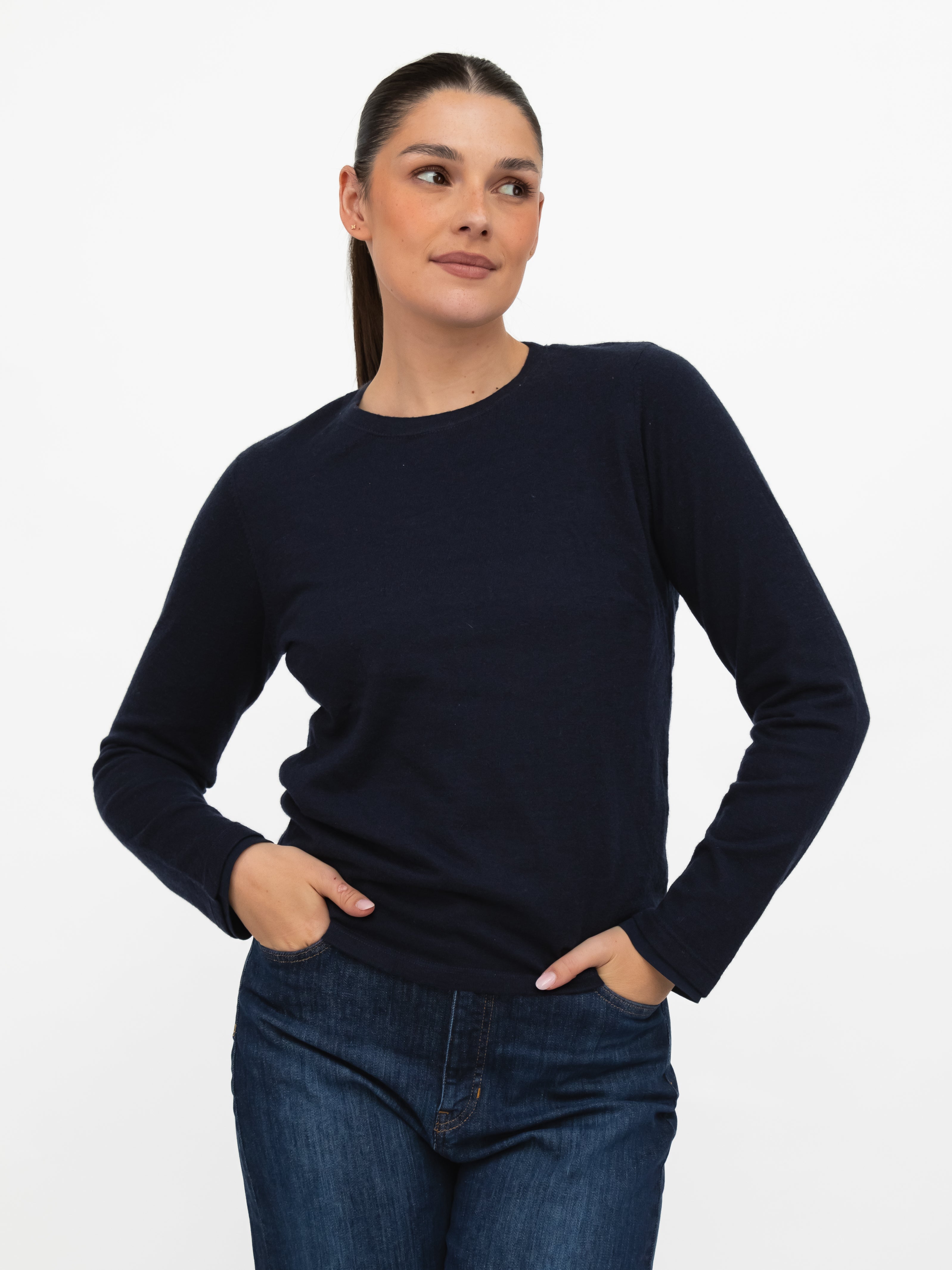 Majestic Filatures T-Shirt Round Neck Long Sleeve Double Layered Tee in Navy