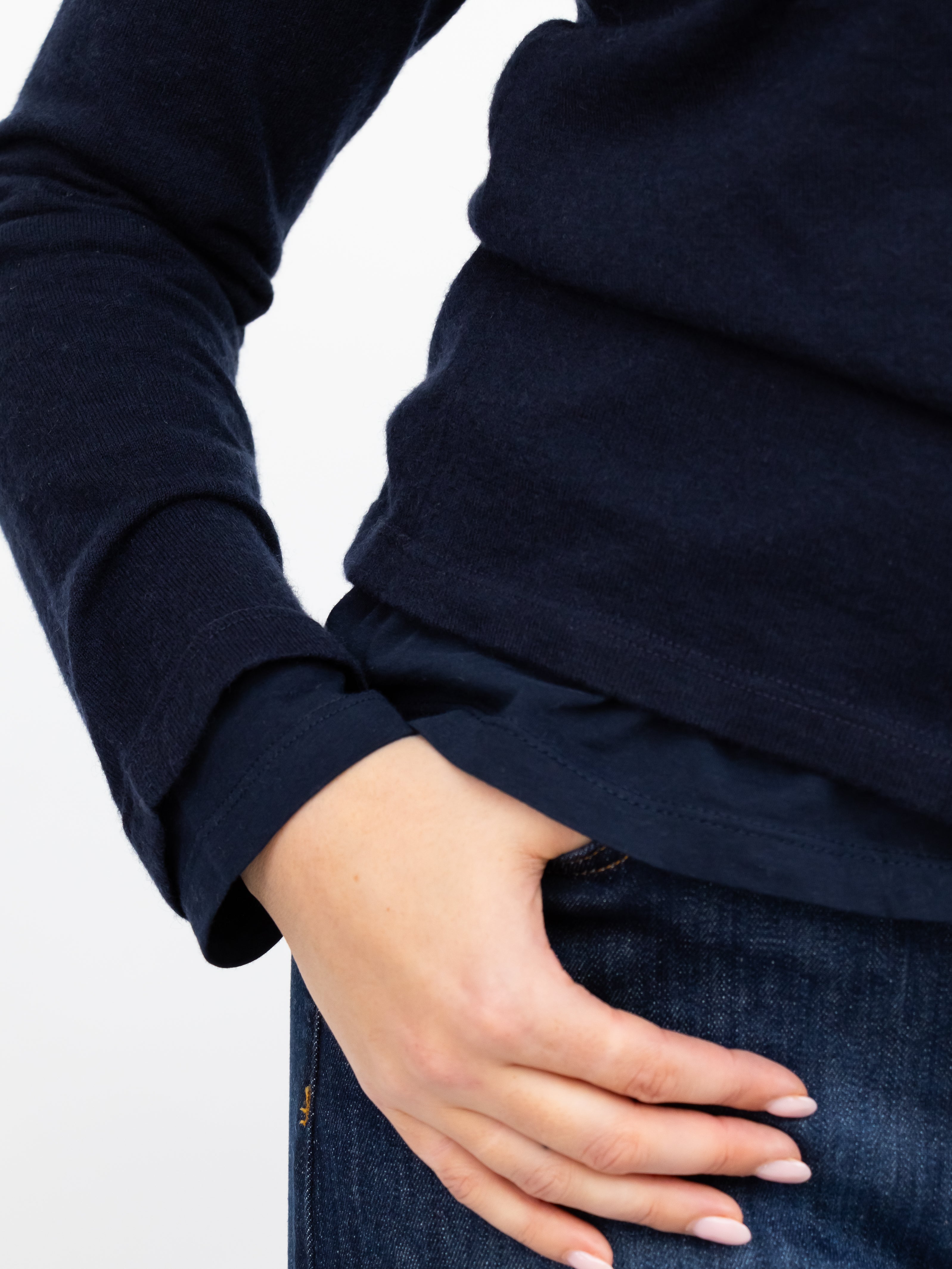 Majestic Filatures T-Shirt Round Neck Long Sleeve Double Layered Tee in Navy