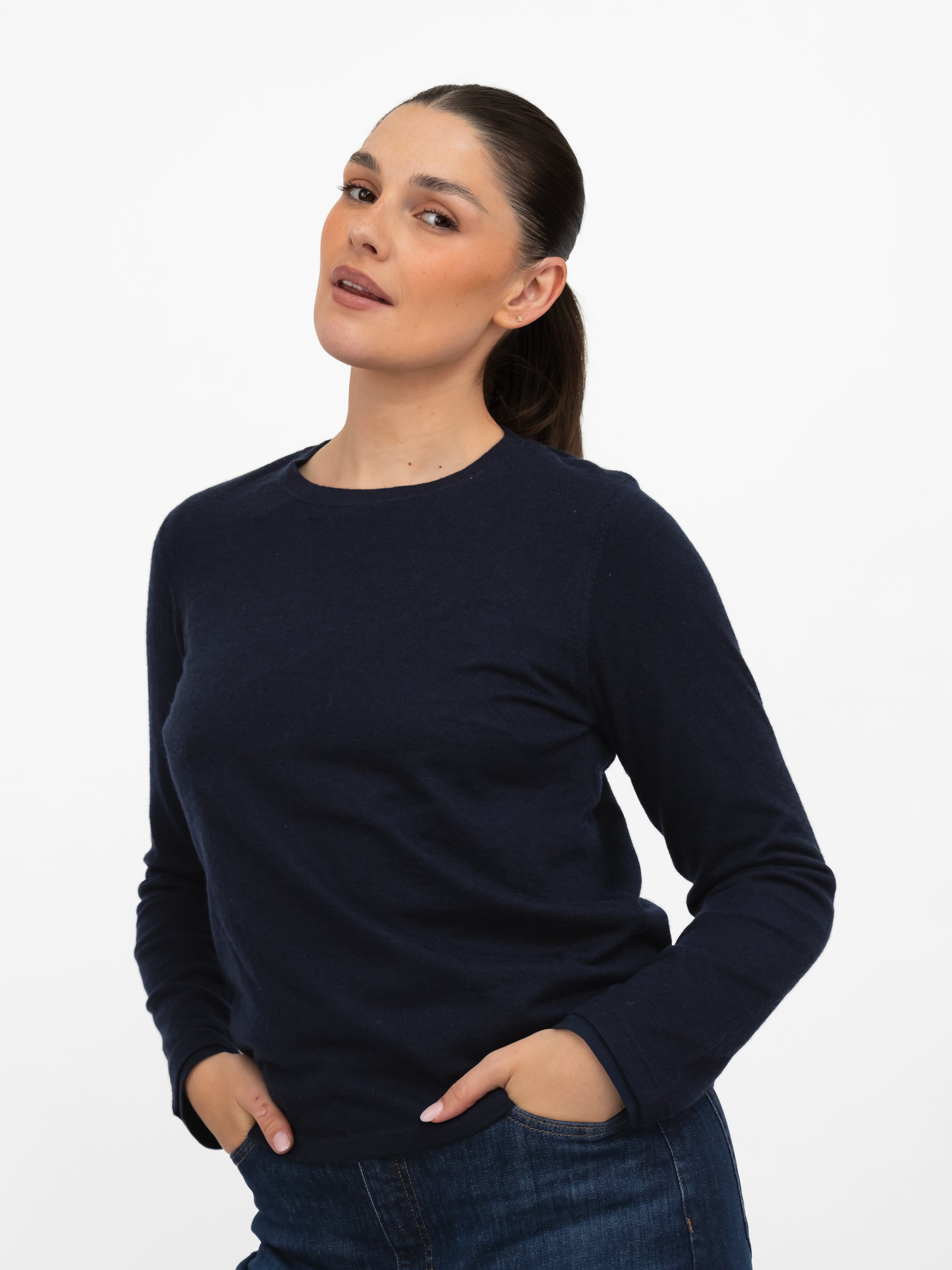 Majestic Filatures T-Shirt Round Neck Long Sleeve Double Layered Tee in Navy
