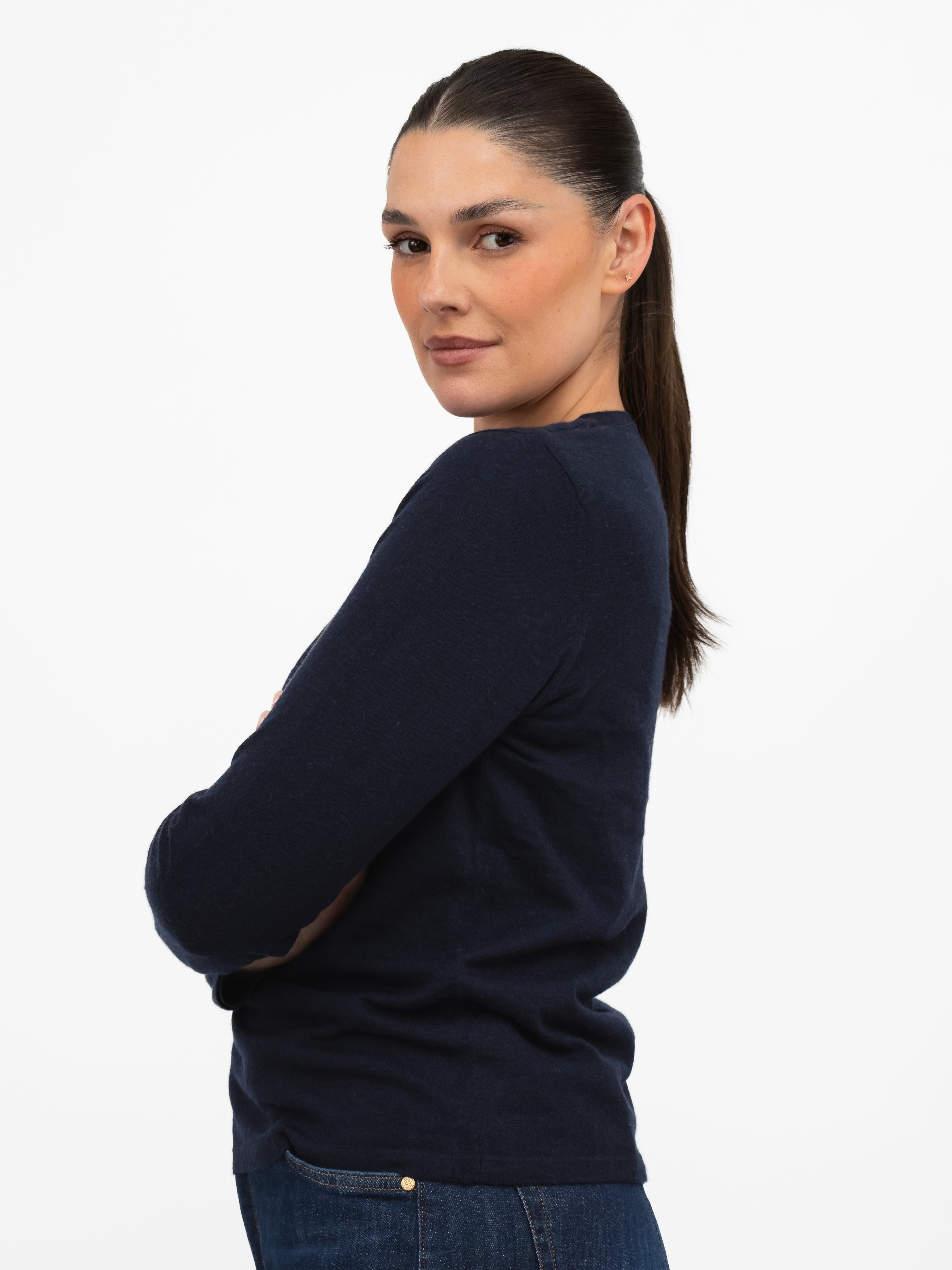 Majestic Filatures T-Shirt Round Neck Long Sleeve Double Layered Tee in Navy